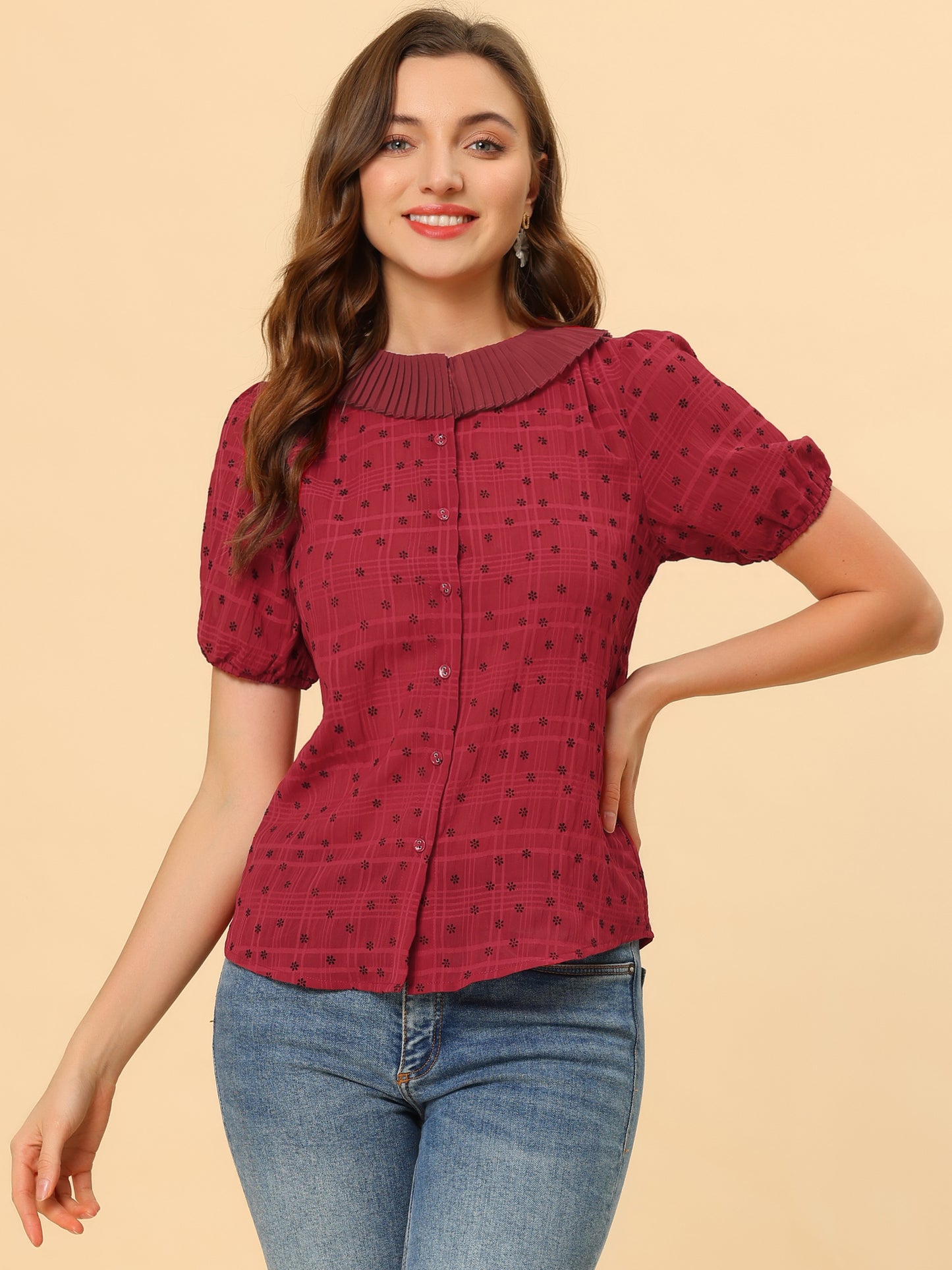 Women's Button Down Short Sleeve Pleated Collar Casual Daily Floral Blouse Shirt