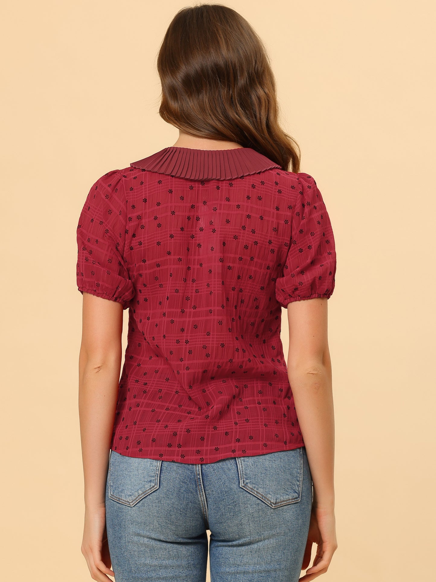 Women's Button Down Short Sleeve Pleated Collar Casual Daily Floral Blouse Shirt