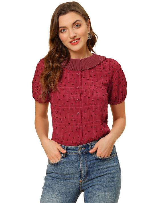 Women's Button Down Short Sleeve Pleated Collar Casual Daily Floral Blouse Shirt