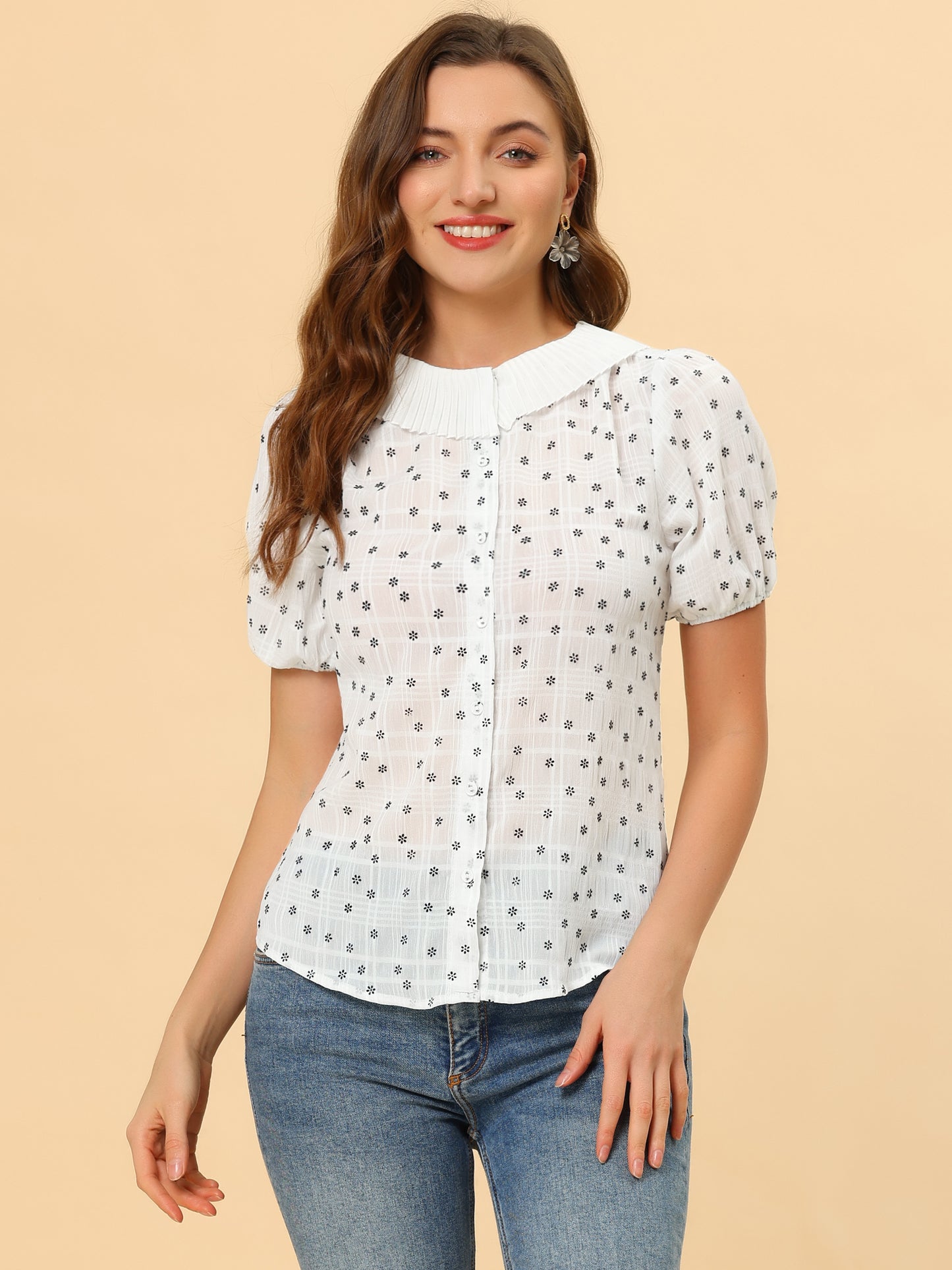 Blusa informal de manga corta con botones y cuello plisado para mujer, estilo diario, con estampado floral