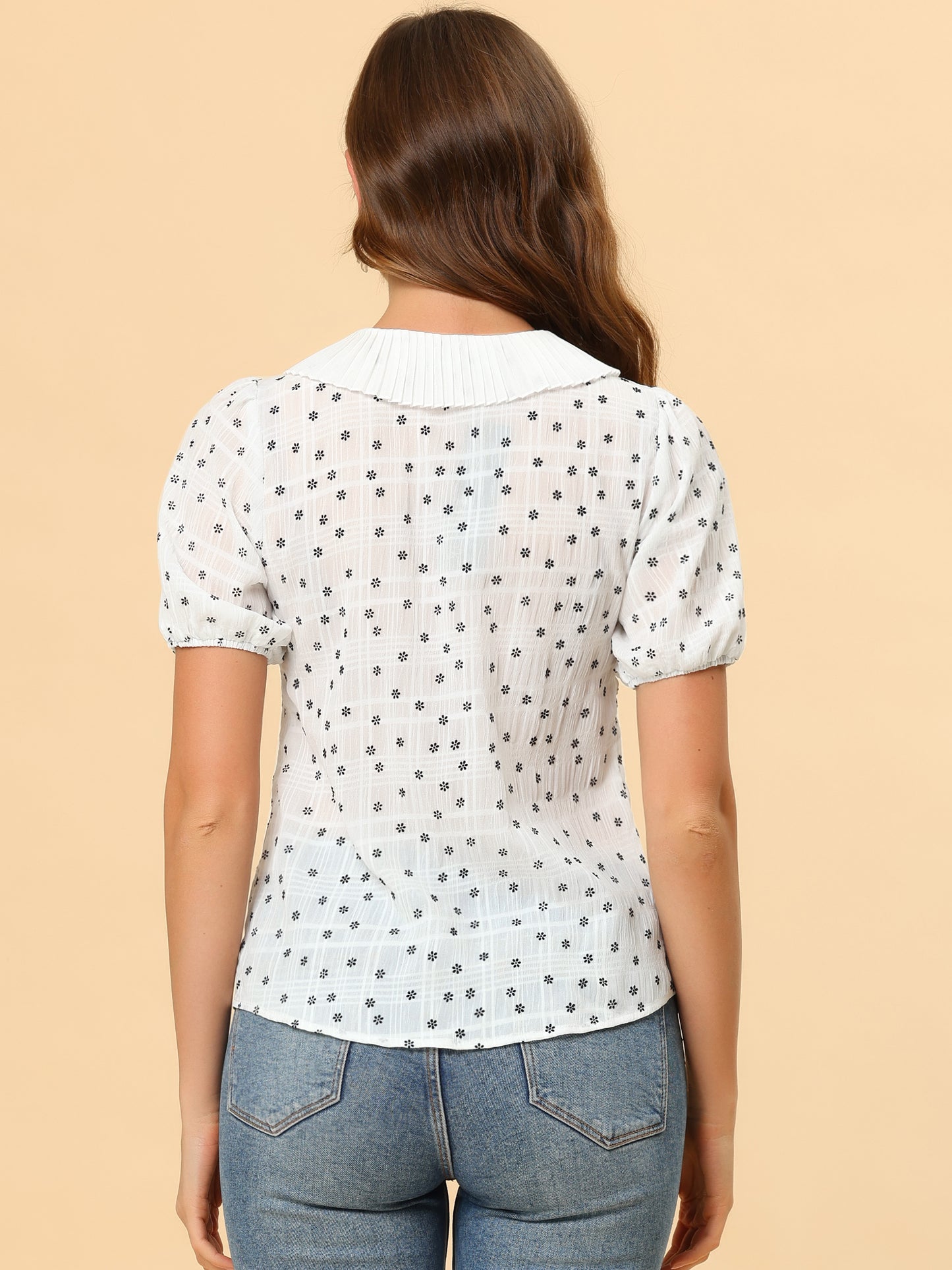 Blusa informal de manga corta con botones y cuello plisado para mujer, estilo diario, con estampado floral