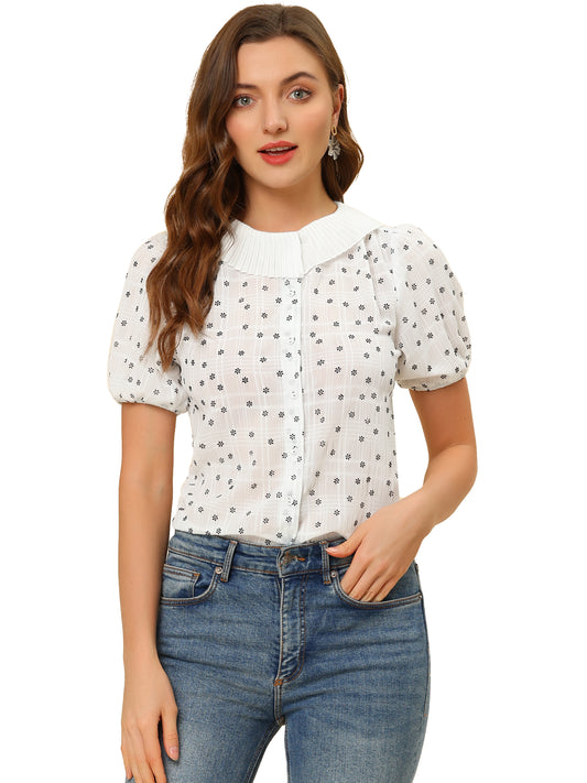 Blusa informal de manga corta con botones y cuello plisado para mujer, estilo diario, con estampado floral