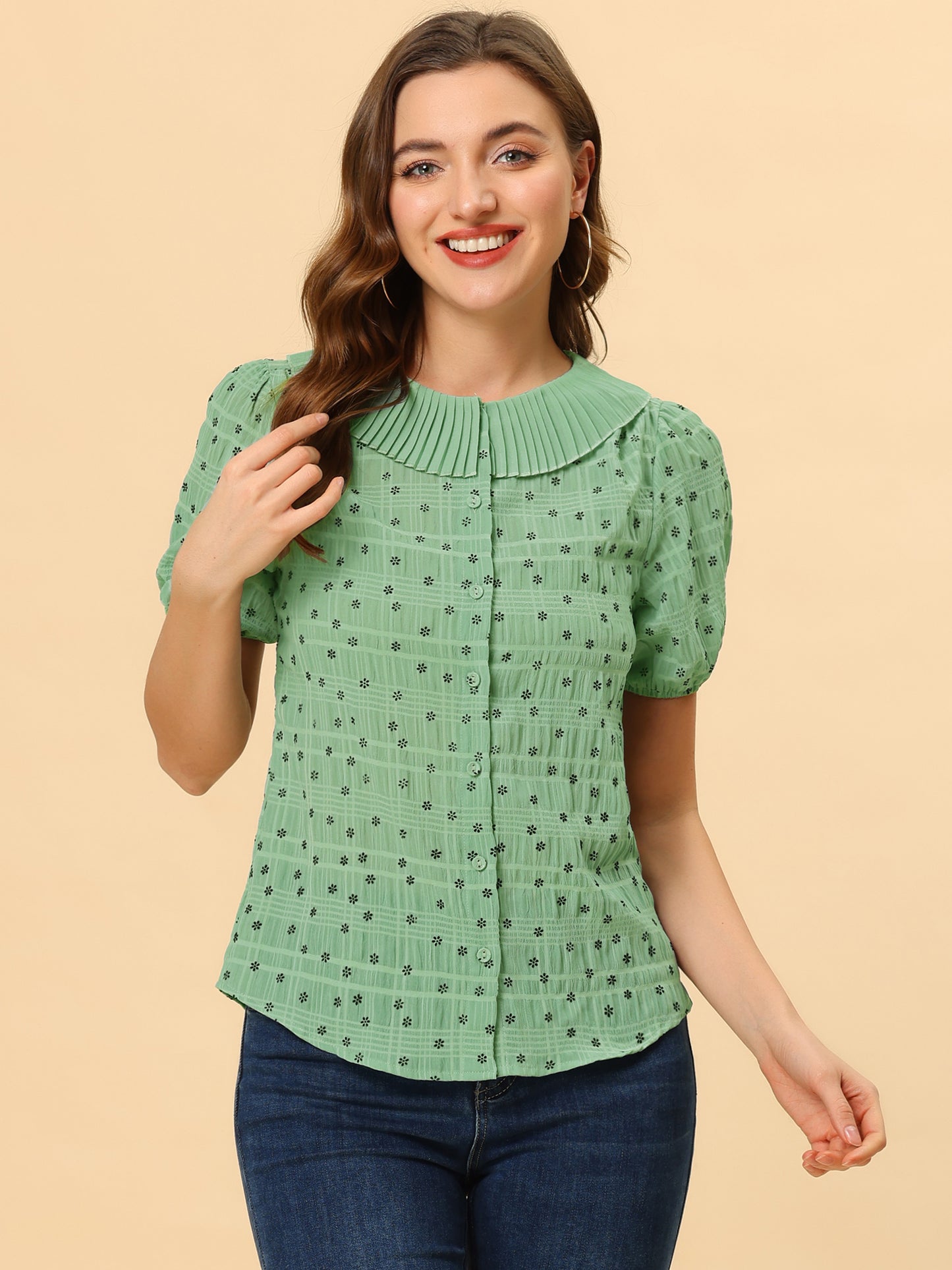 Women's Button Down Short Sleeve Pleated Collar Casual Daily Floral Blouse Shirt