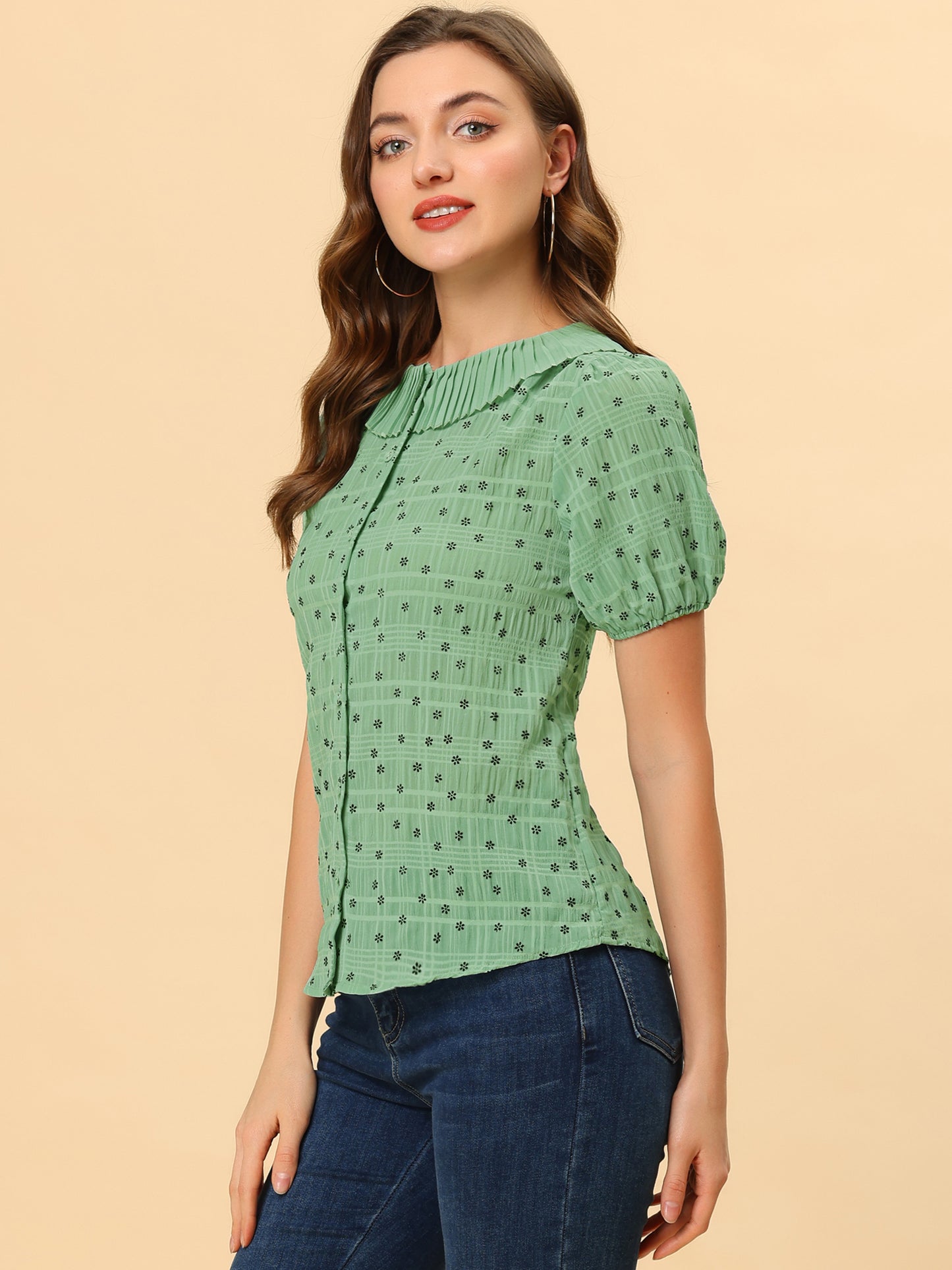 Women's Button Down Short Sleeve Pleated Collar Casual Daily Floral Blouse Shirt