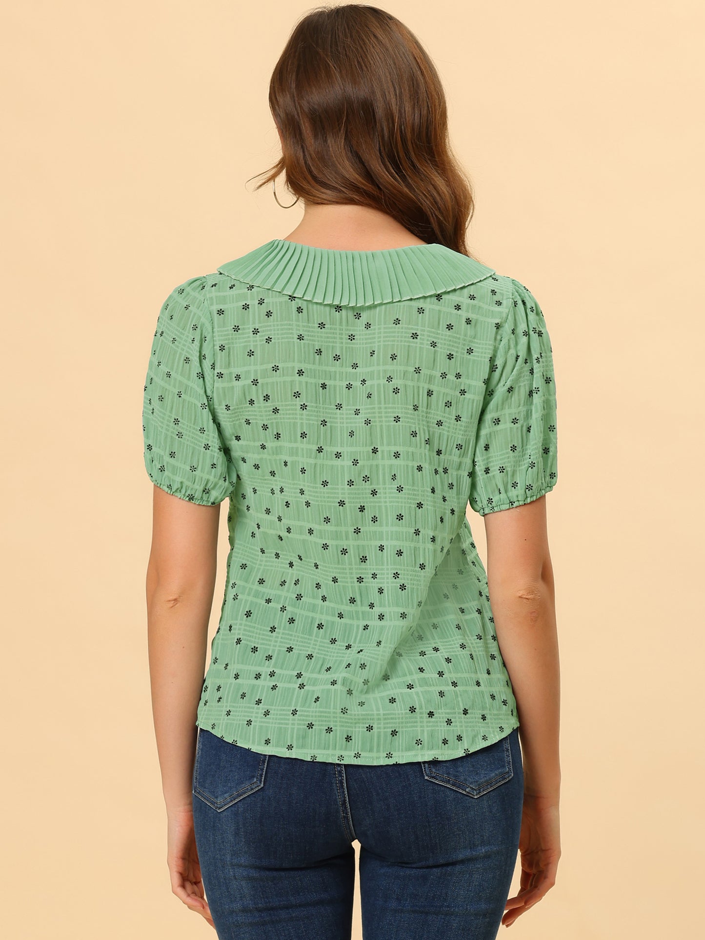 Women's Button Down Short Sleeve Pleated Collar Casual Daily Floral Blouse Shirt