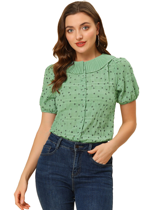 Women's Button Down Short Sleeve Pleated Collar Casual Daily Floral Blouse Shirt