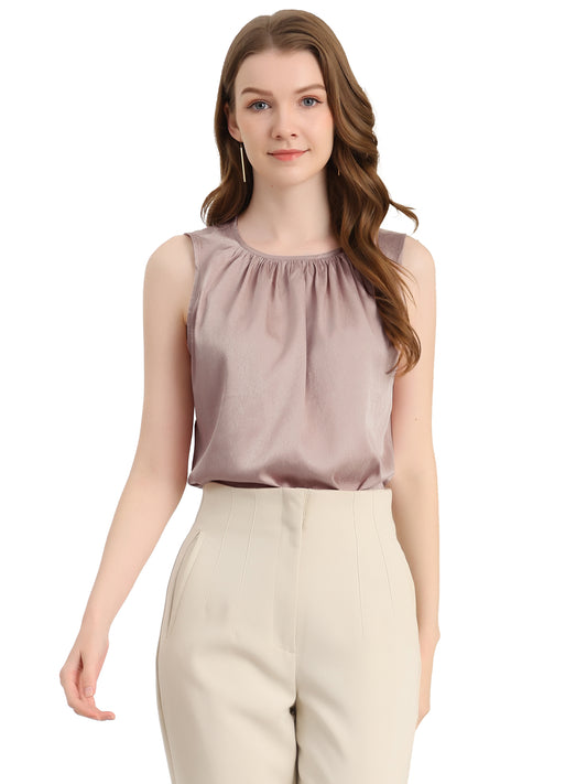 Women's Satin Sleeveless Work Office Pleated Vest Blouse Tank Top