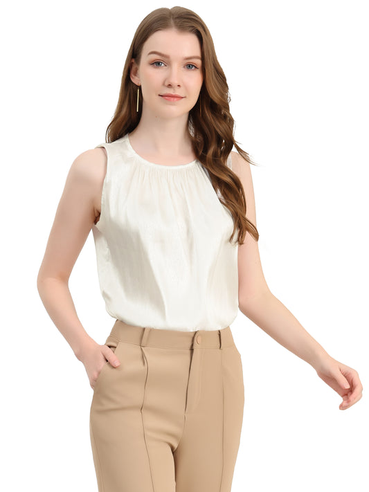 Women's Satin Sleeveless Work Office Pleated Vest Blouse Tank Top