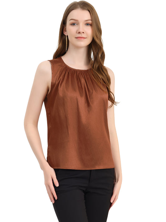 Women's Satin Sleeveless Work Office Pleated Vest Blouse Tank Top