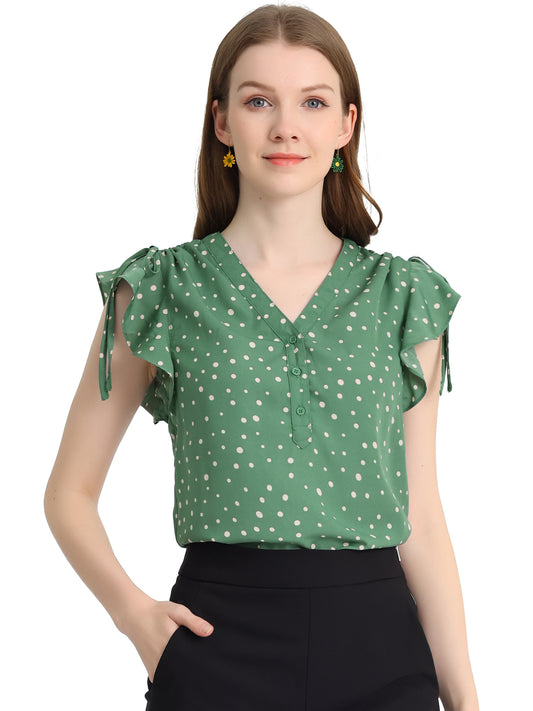 Women's Polka Dots Ruffle Chiffon V Neck Blouse Cap Sleeve Summer Top