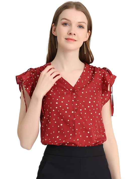 Women's Polka Dots Ruffle Chiffon V Neck Blouse Cap Sleeve Summer Top