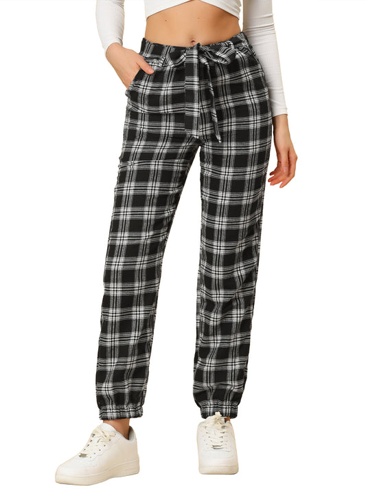 Women's Plaid Sweatpants Tapered Tie High Waisted Tartan Pants with Pockets