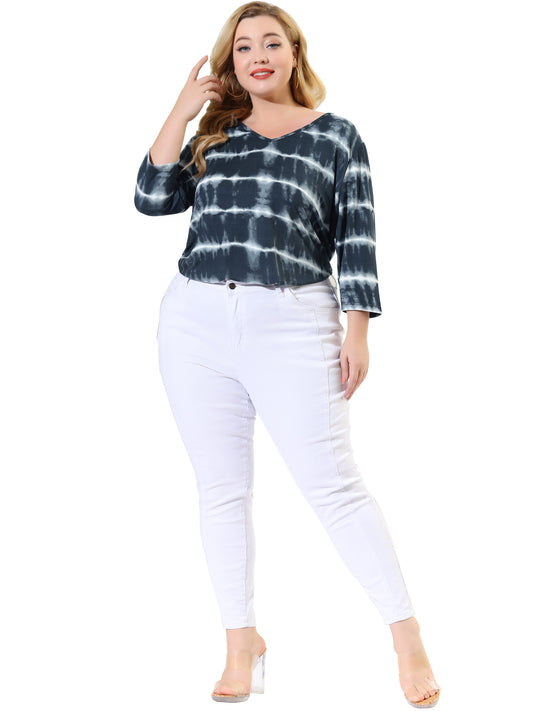 Women Plus Size T Shirt V Neck 3/4 Sleeve Loose Casual Blouse Striped Tie Dye Print