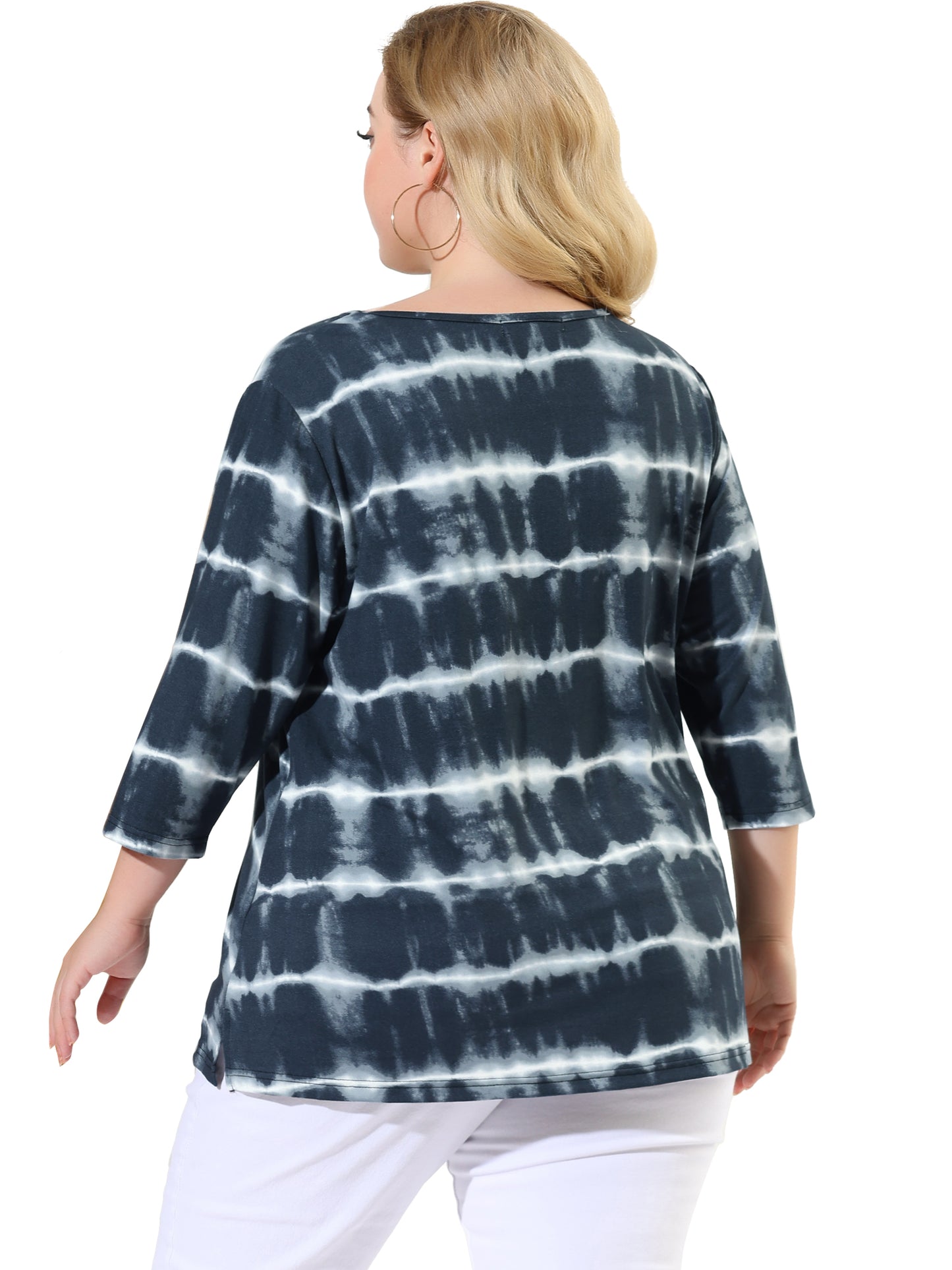 Women Plus Size T Shirt V Neck 3/4 Sleeve Loose Casual Blouse Striped Tie Dye Print