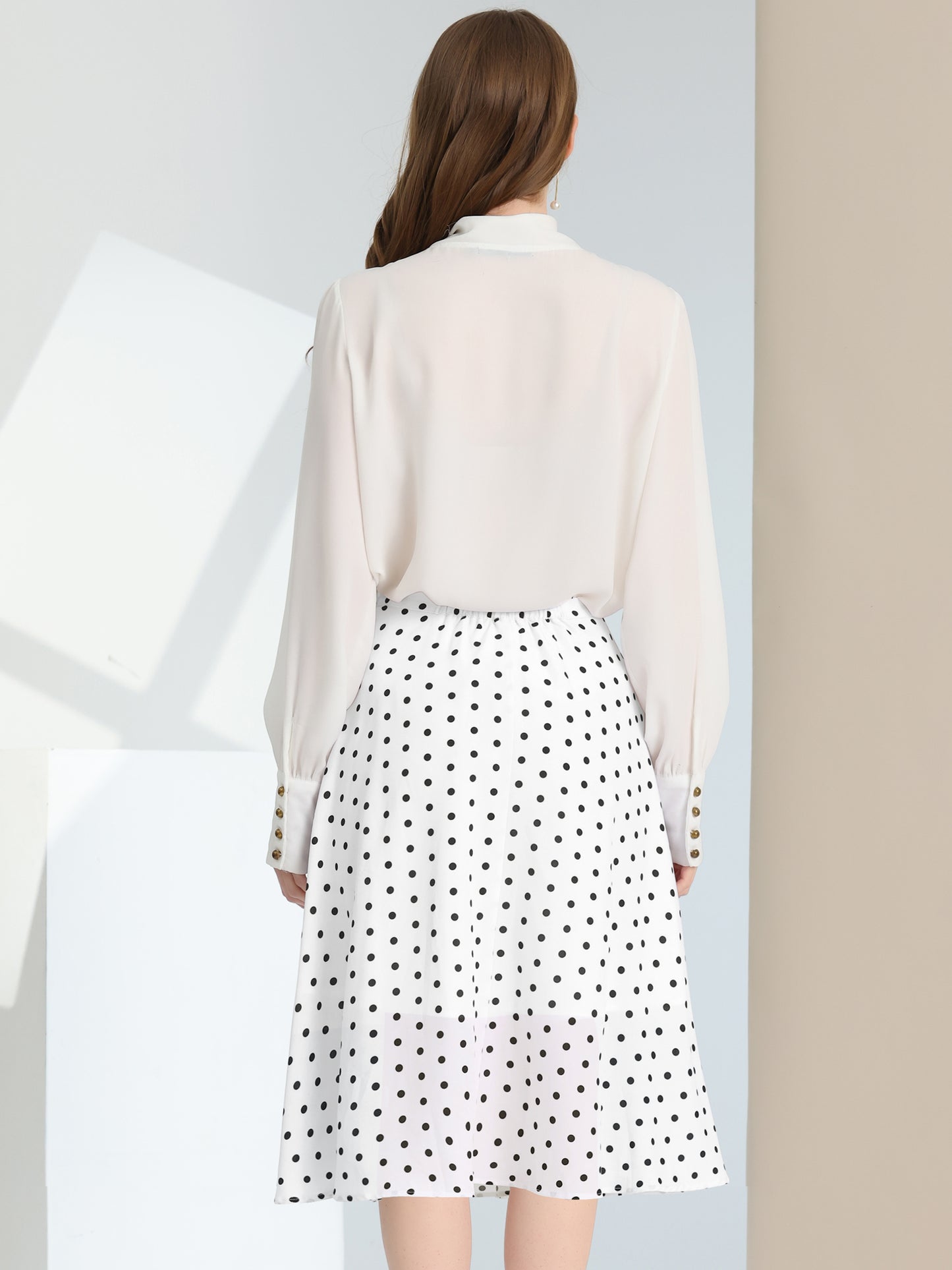 Falda midi vintage de corte A con cintura elástica y lunares retro para mujer