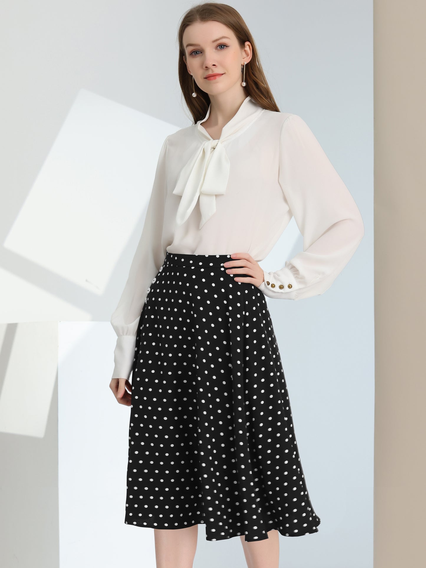 Falda midi vintage de corte A con cintura elástica y lunares retro para mujer
