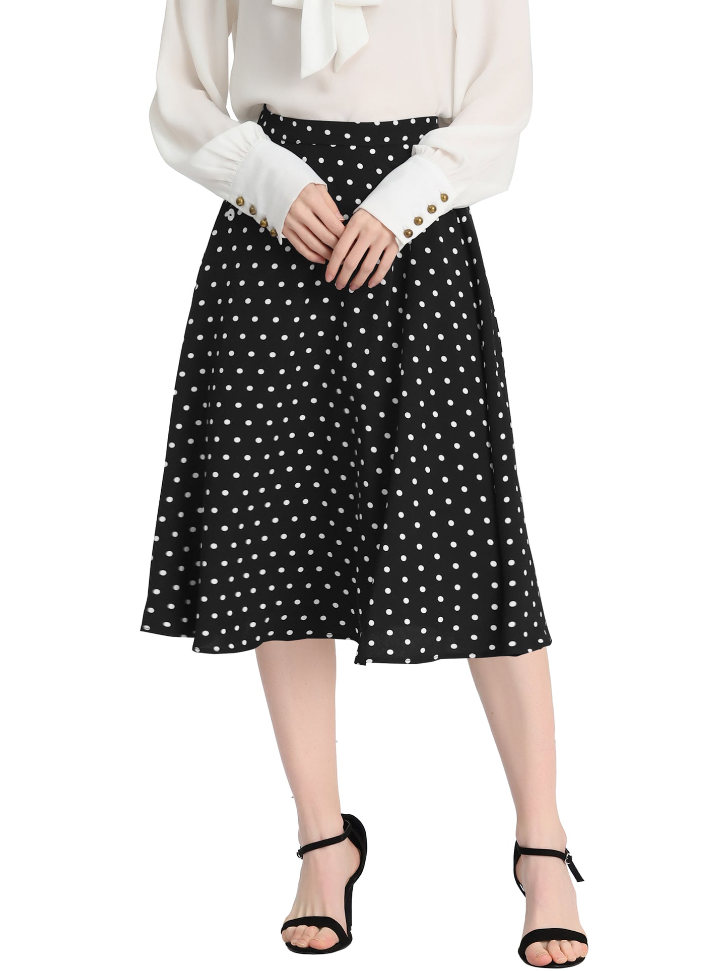 Falda midi vintage de corte A con cintura elástica y lunares retro para mujer