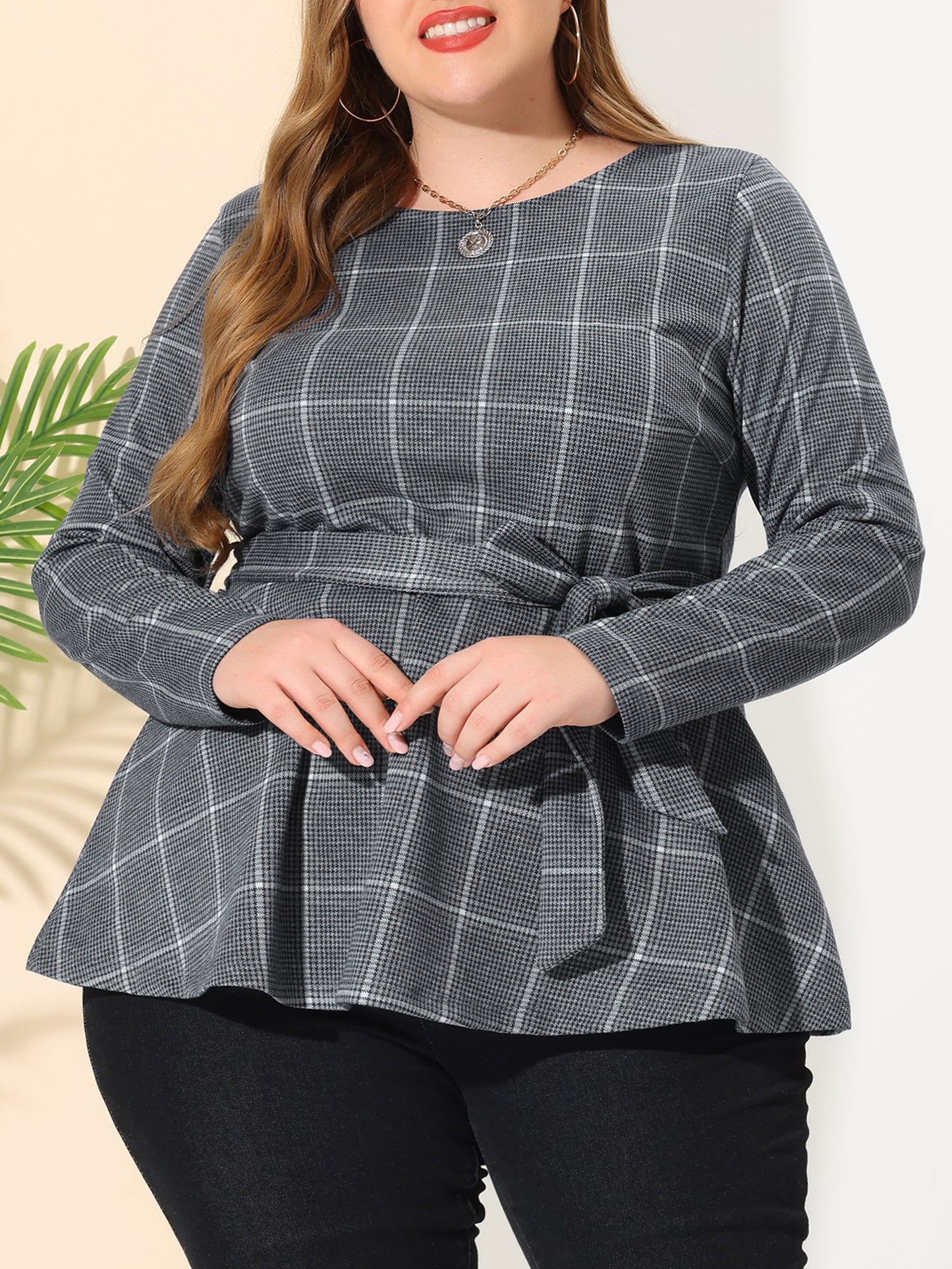 Women's Plus Size Peplum Top Belted Tie Houndstooth Blouse Long Sleeve Tunic