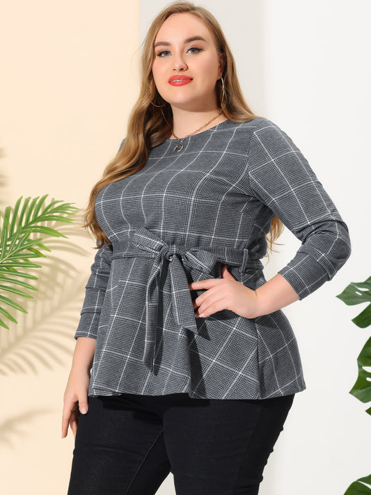 Women's Plus Size Peplum Top Belted Tie Houndstooth Blouse Long Sleeve Tunic