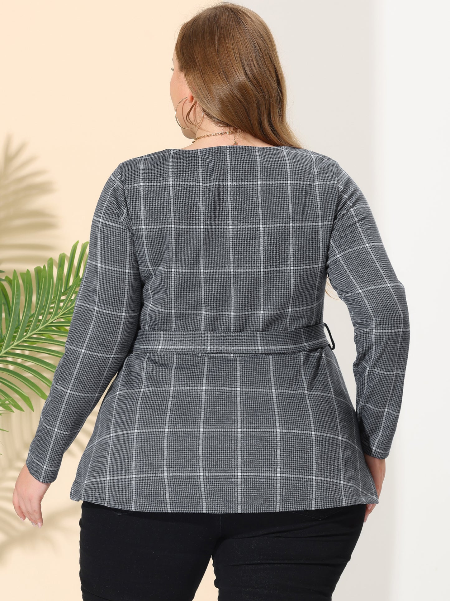 Women's Plus Size Peplum Top Belted Tie Houndstooth Blouse Long Sleeve Tunic