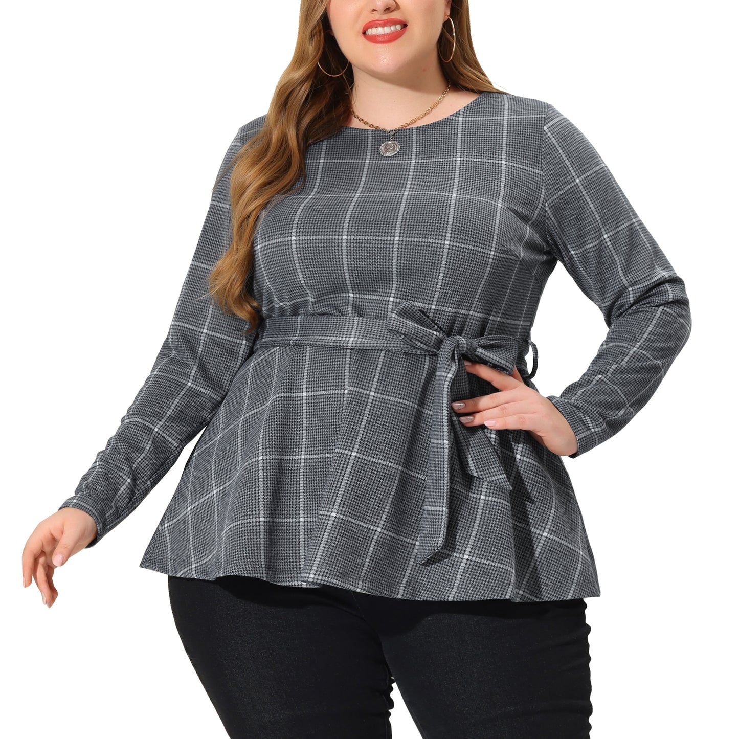 Women's Plus Size Peplum Top Belted Tie Houndstooth Blouse Long Sleeve Tunic