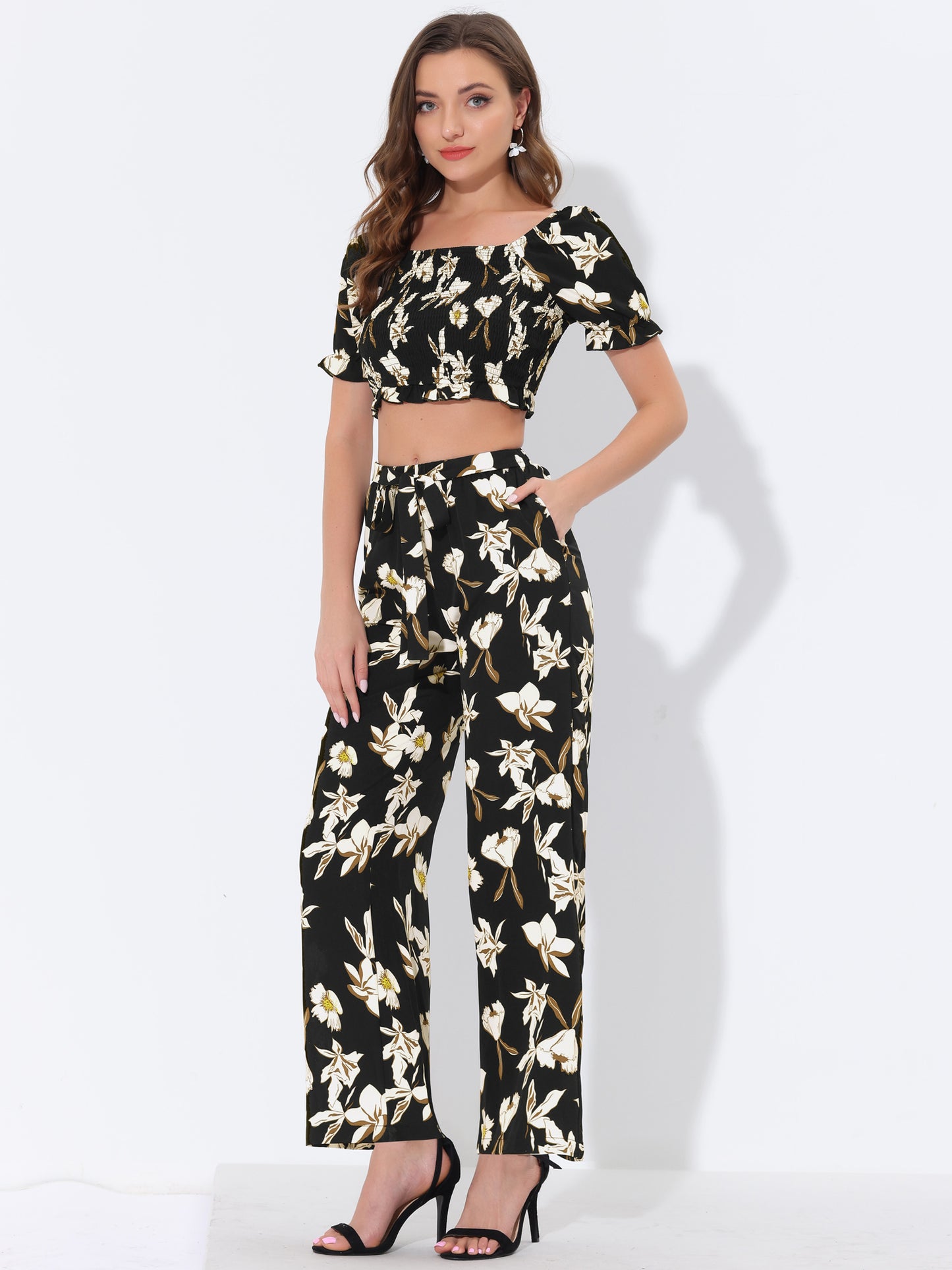 Women's Ruffle Smocked Crop Tops Tie Waist Floral Pants Set