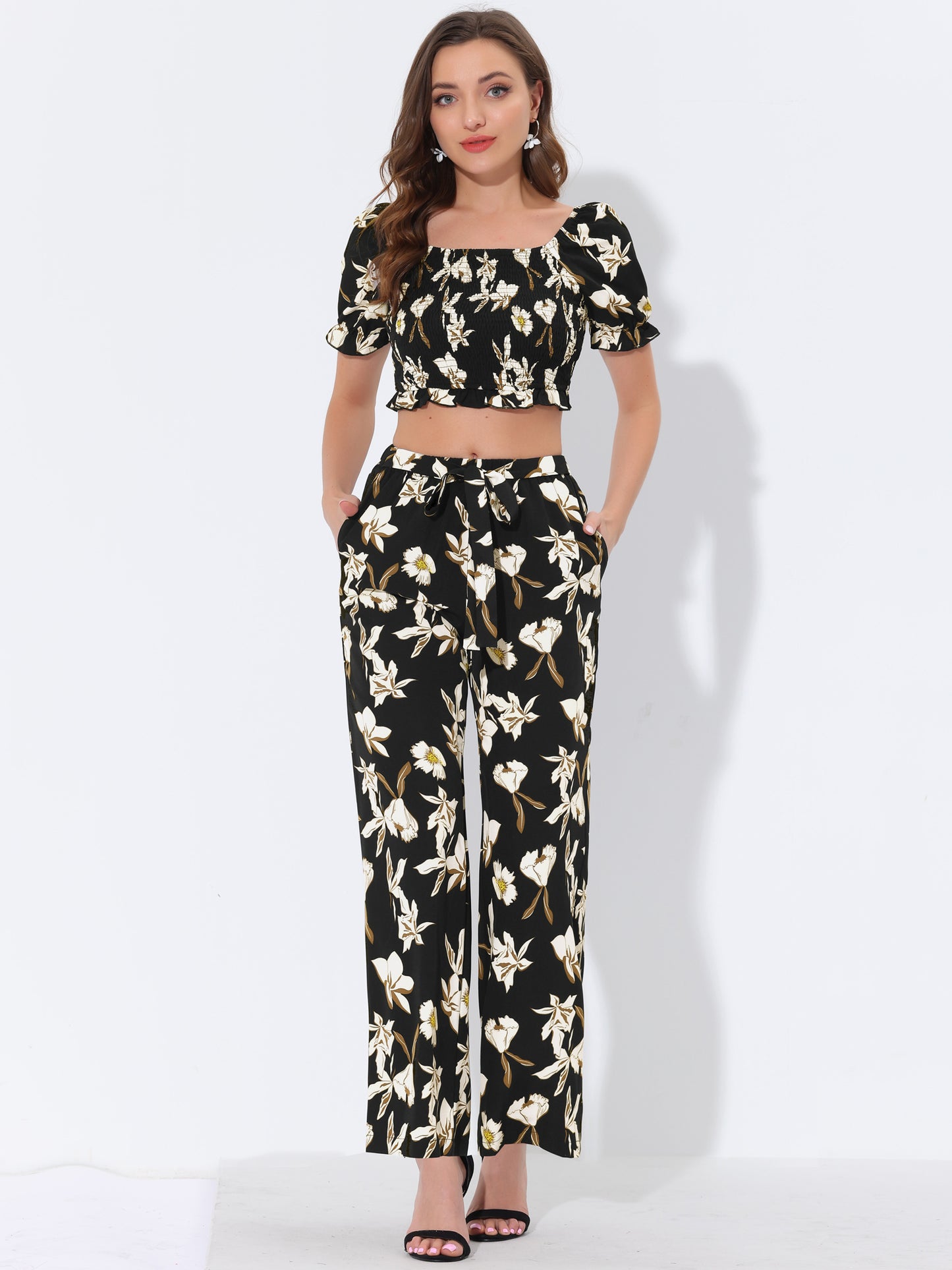 Women's Ruffle Smocked Crop Tops Tie Waist Floral Pants Set