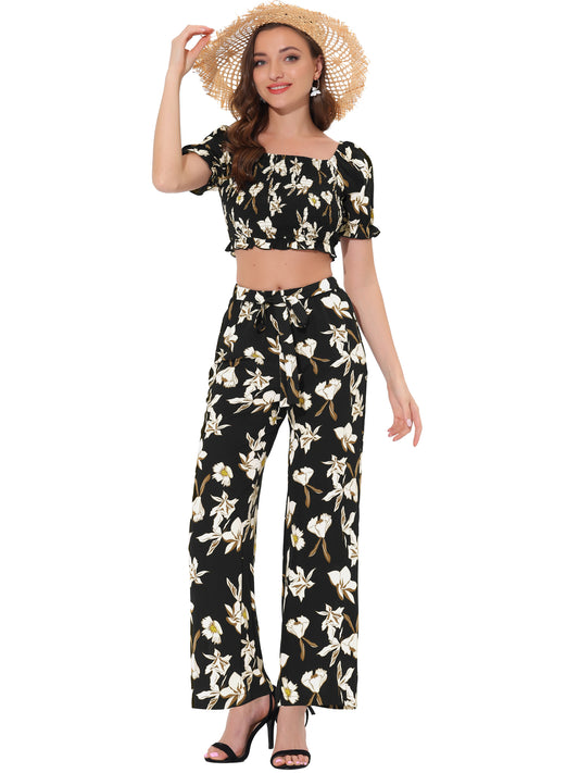 Women's Ruffle Smocked Crop Tops Tie Waist Floral Pants Set