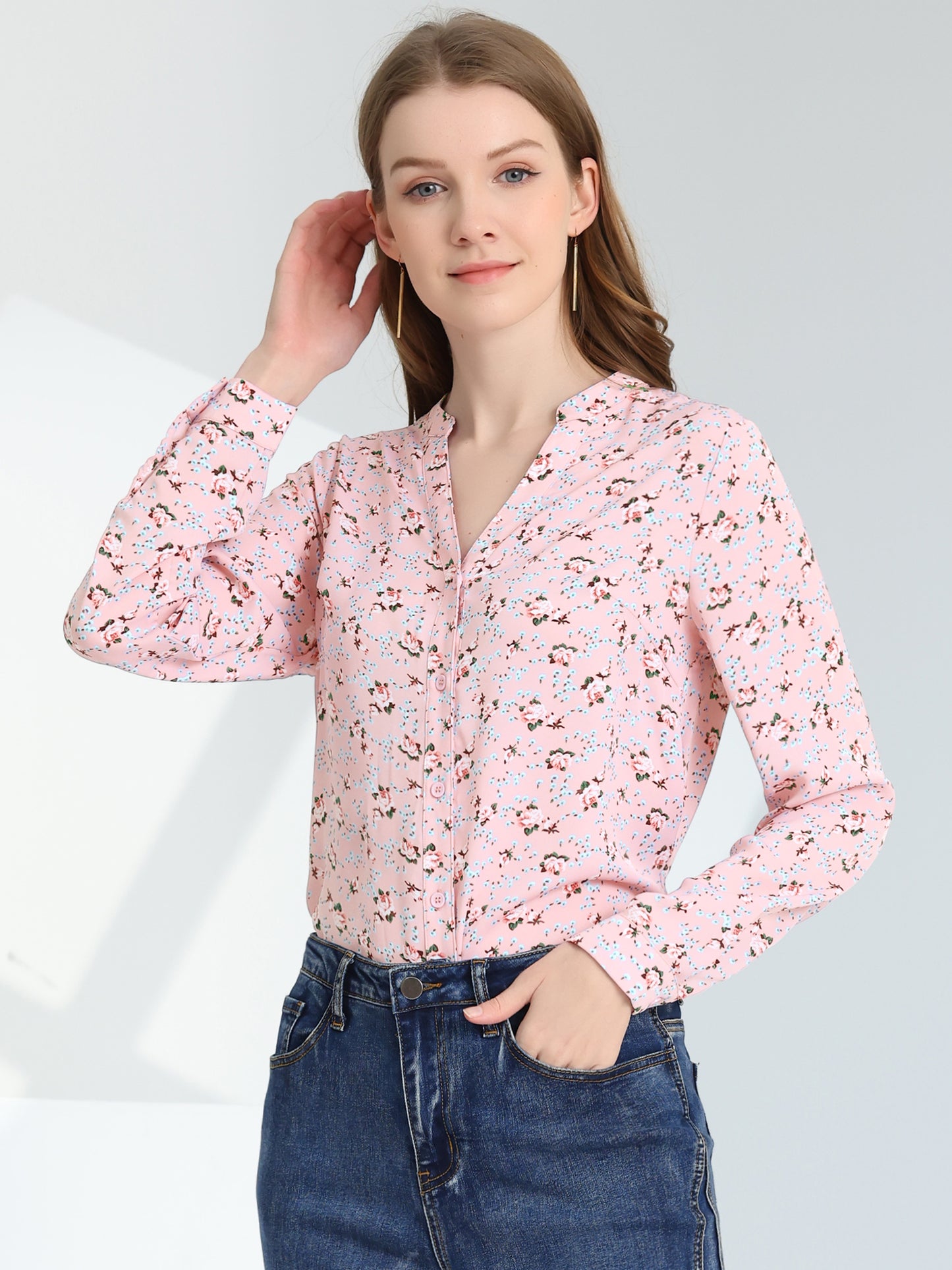 Women's Chiffon V Neck Long Sleeve Tunic Top Floral Button Up Shirt (Available in Plus Size)