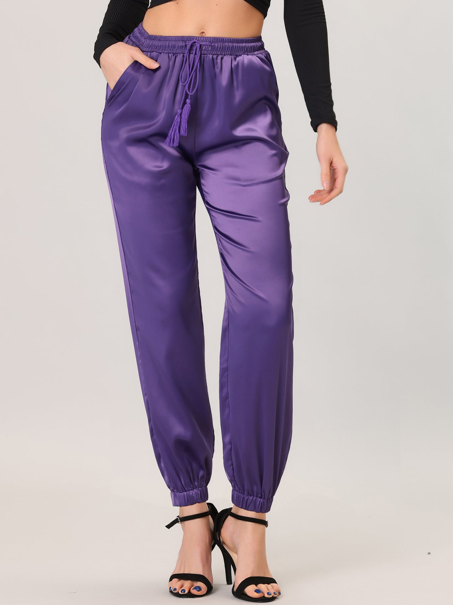 Women's Drawstring Elastic Waist Athleisure Pants Casual Ankle Length Satin Joggers with Pocket