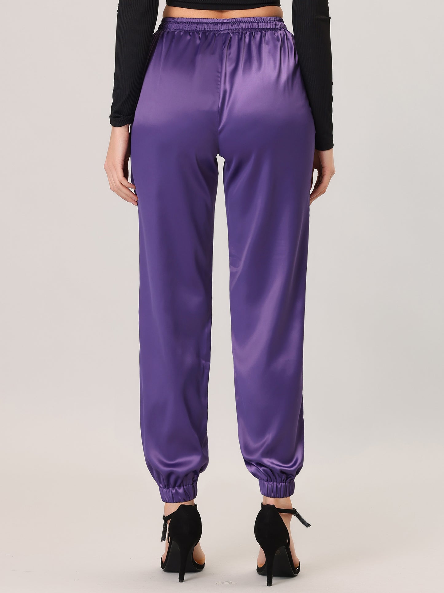 Women's Drawstring Elastic Waist Athleisure Pants Casual Ankle Length Satin Joggers with Pocket