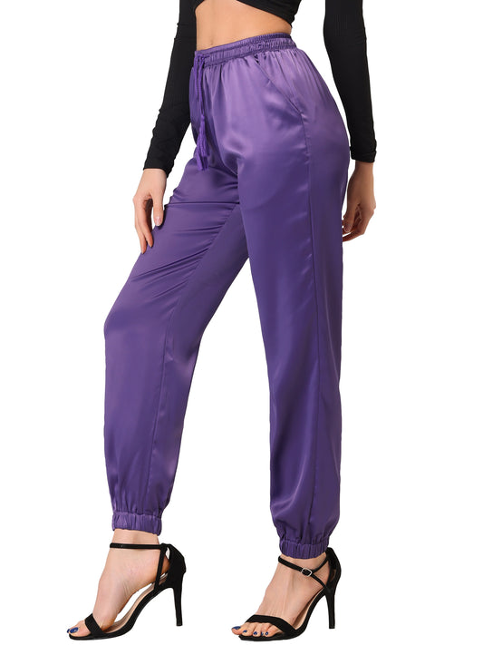 Women's Drawstring Elastic Waist Athleisure Pants Casual Ankle Length Satin Joggers with Pocket