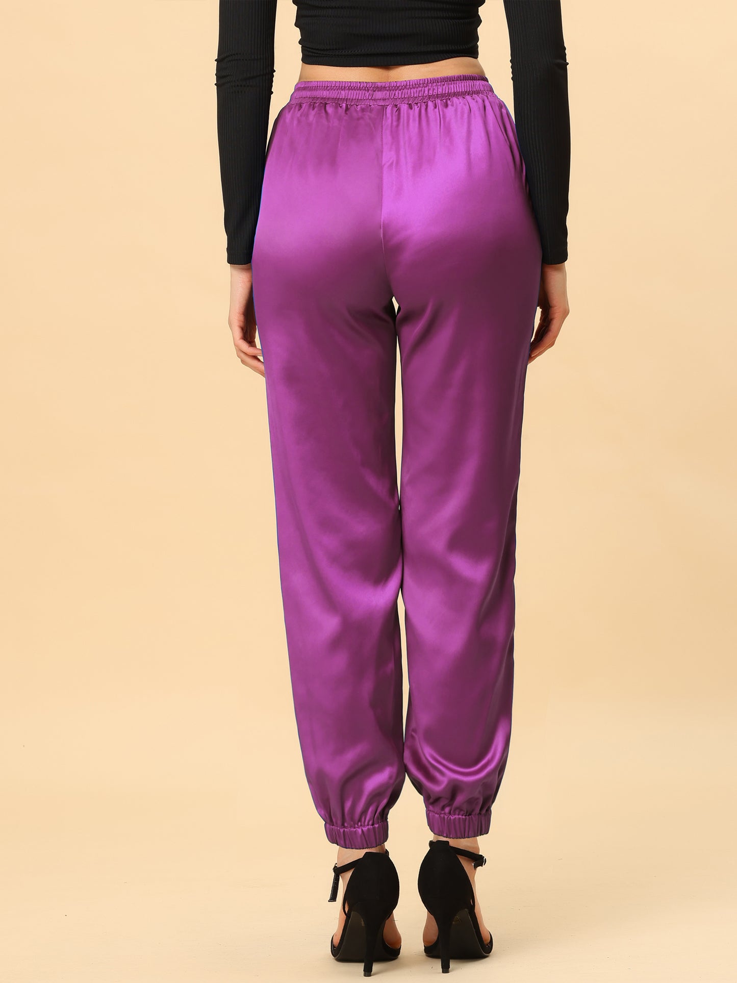 Women's Drawstring Elastic Waist Athleisure Pants Casual Ankle Length Satin Joggers with Pocket