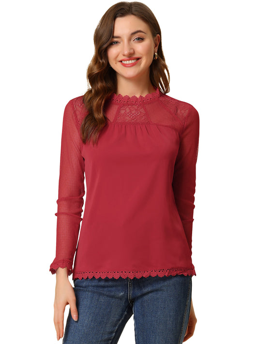 Women's Chiffon Top Elegant Sheer Mesh Lace Long Sleeve Blouse