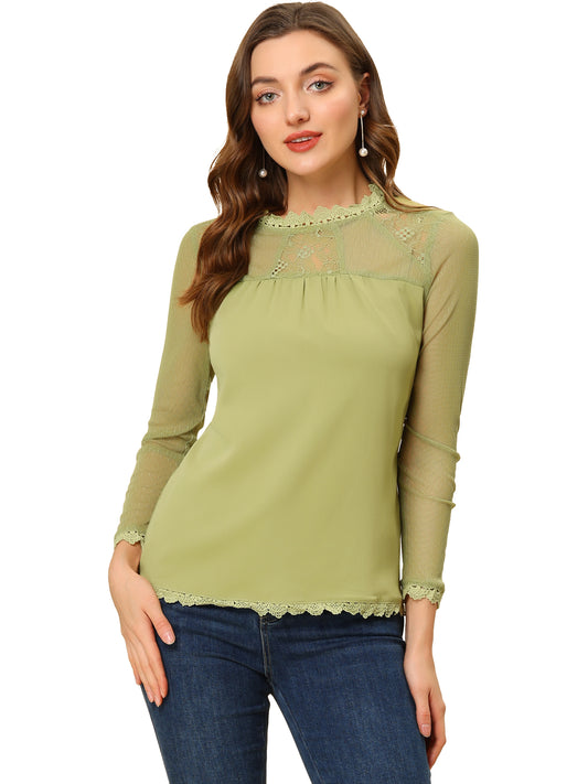 Women's Chiffon Top Elegant Sheer Mesh Lace Long Sleeve Blouse