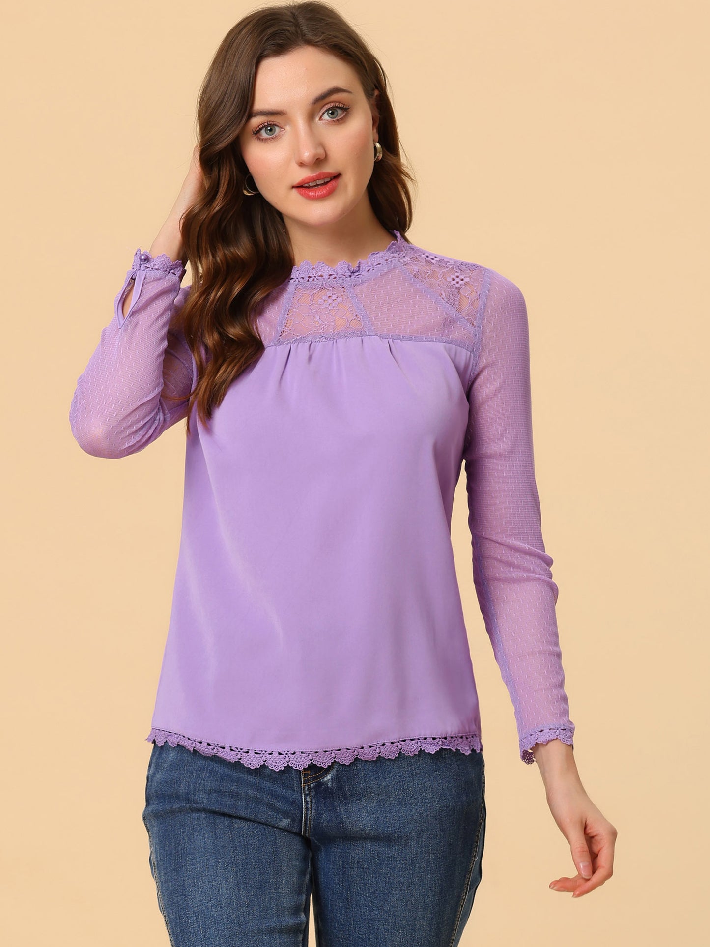 Women's Chiffon Top Elegant Sheer Mesh Lace Long Sleeve Blouse