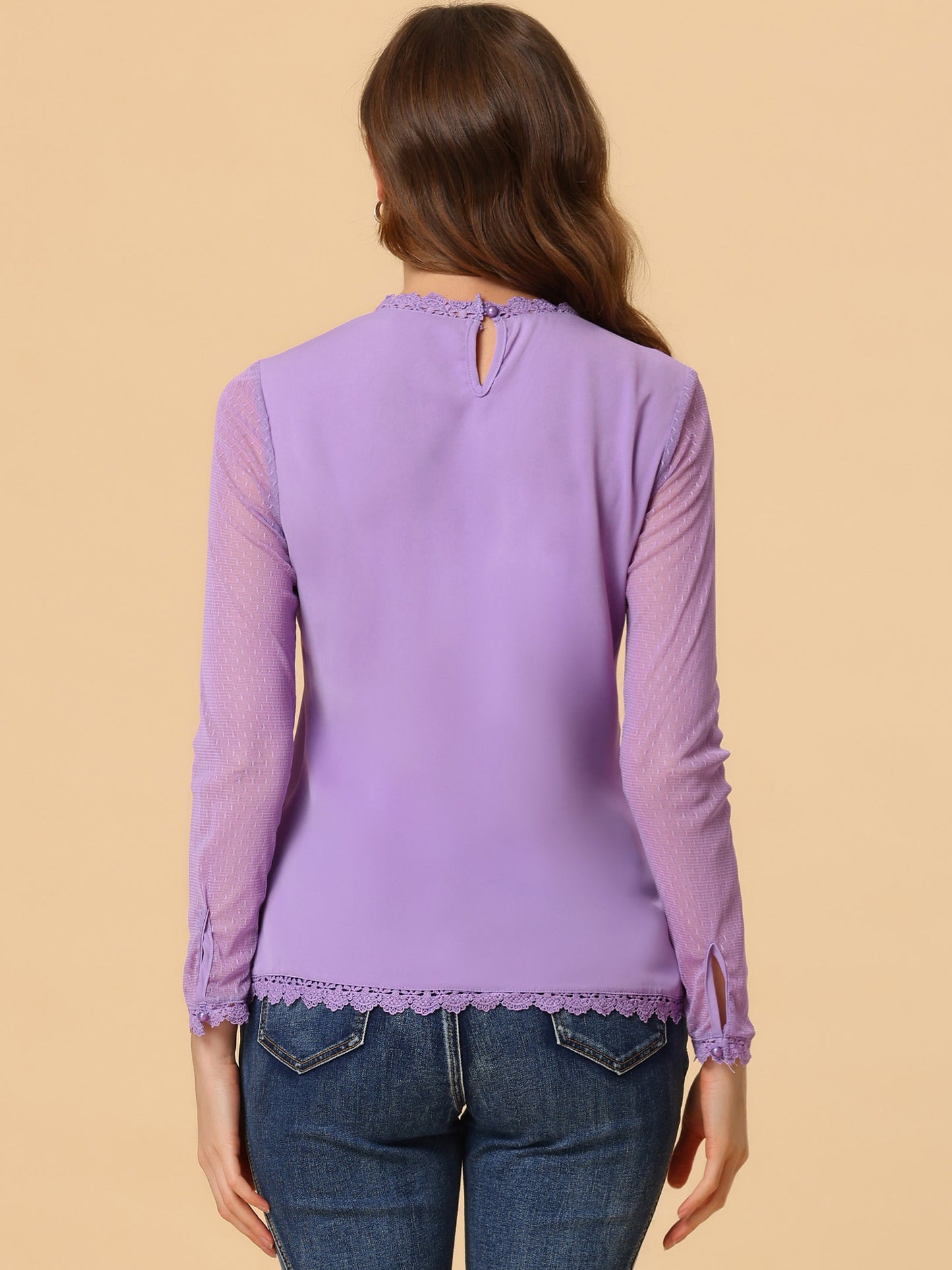 Women's Chiffon Top Elegant Sheer Mesh Lace Long Sleeve Blouse