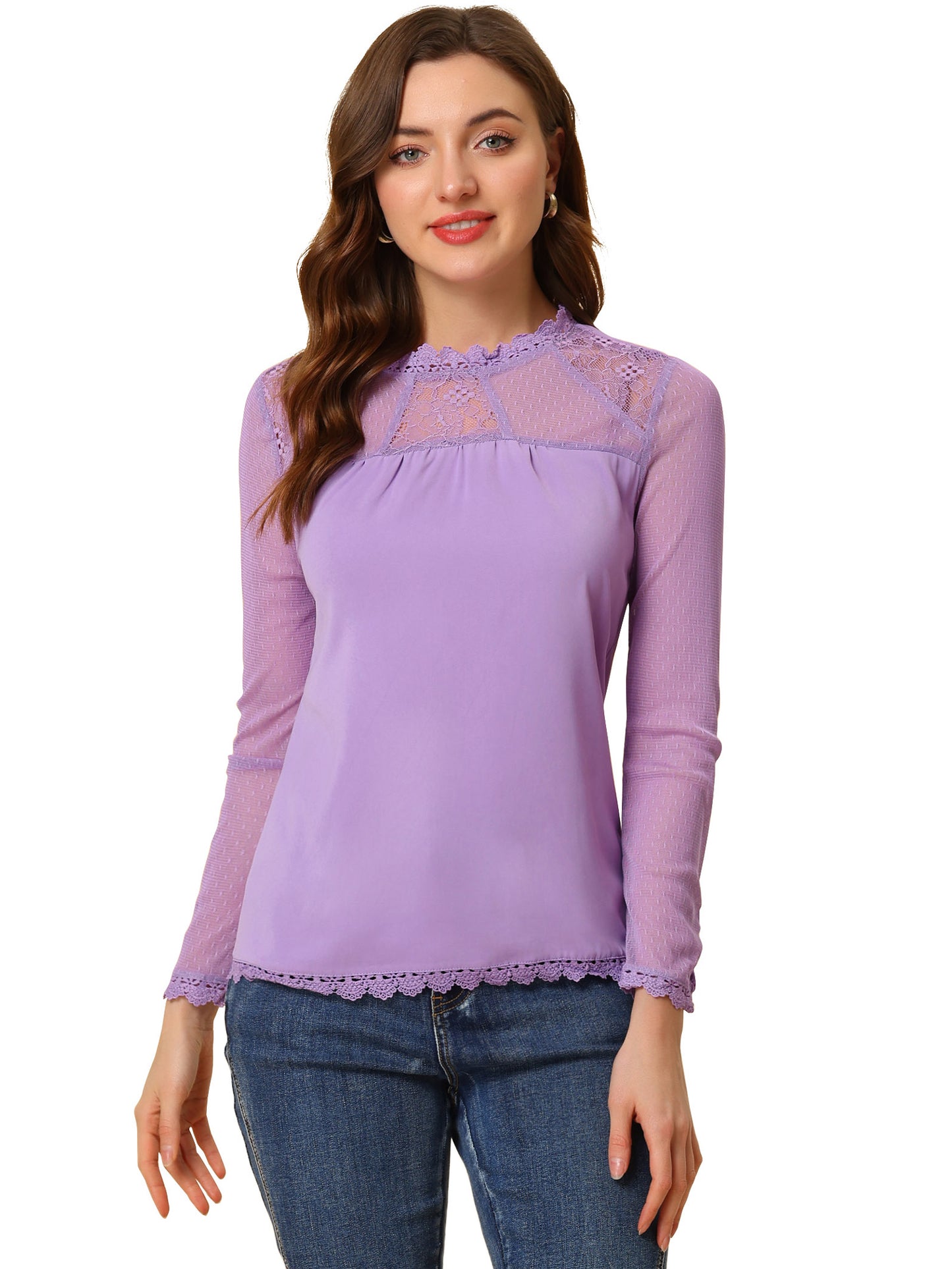 Women's Chiffon Top Elegant Sheer Mesh Lace Long Sleeve Blouse