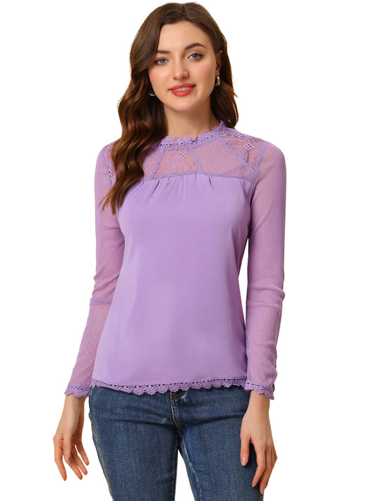 Women's Chiffon Top Elegant Sheer Mesh Lace Long Sleeve Blouse