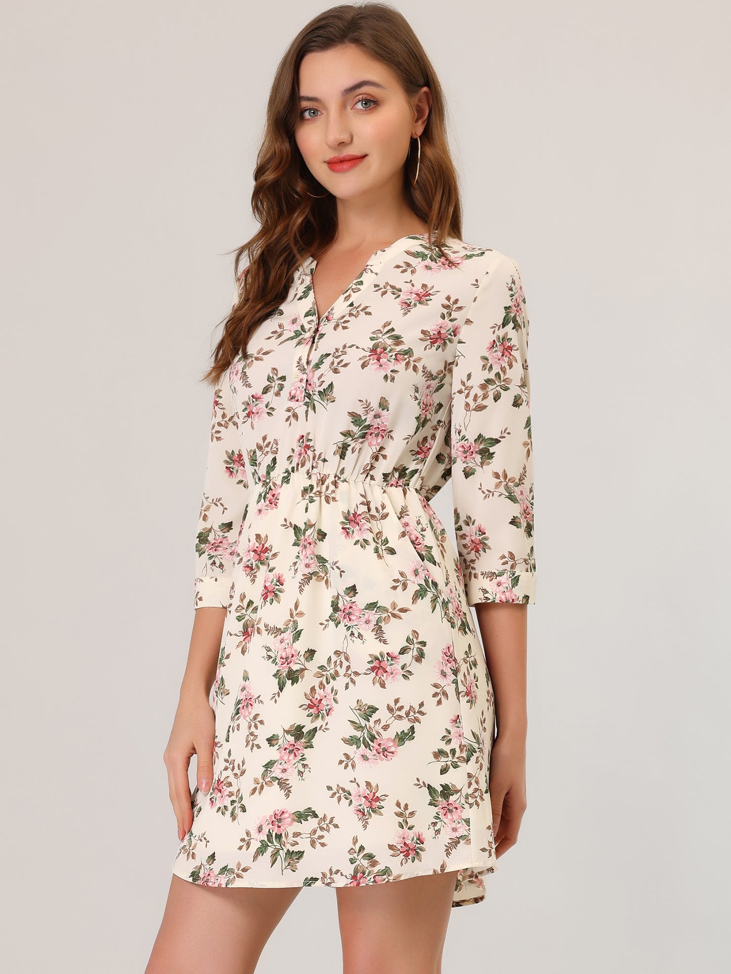 Women's Button-Up V Neck 3/4 Sleeves Floral Shirt Dress with Pockets