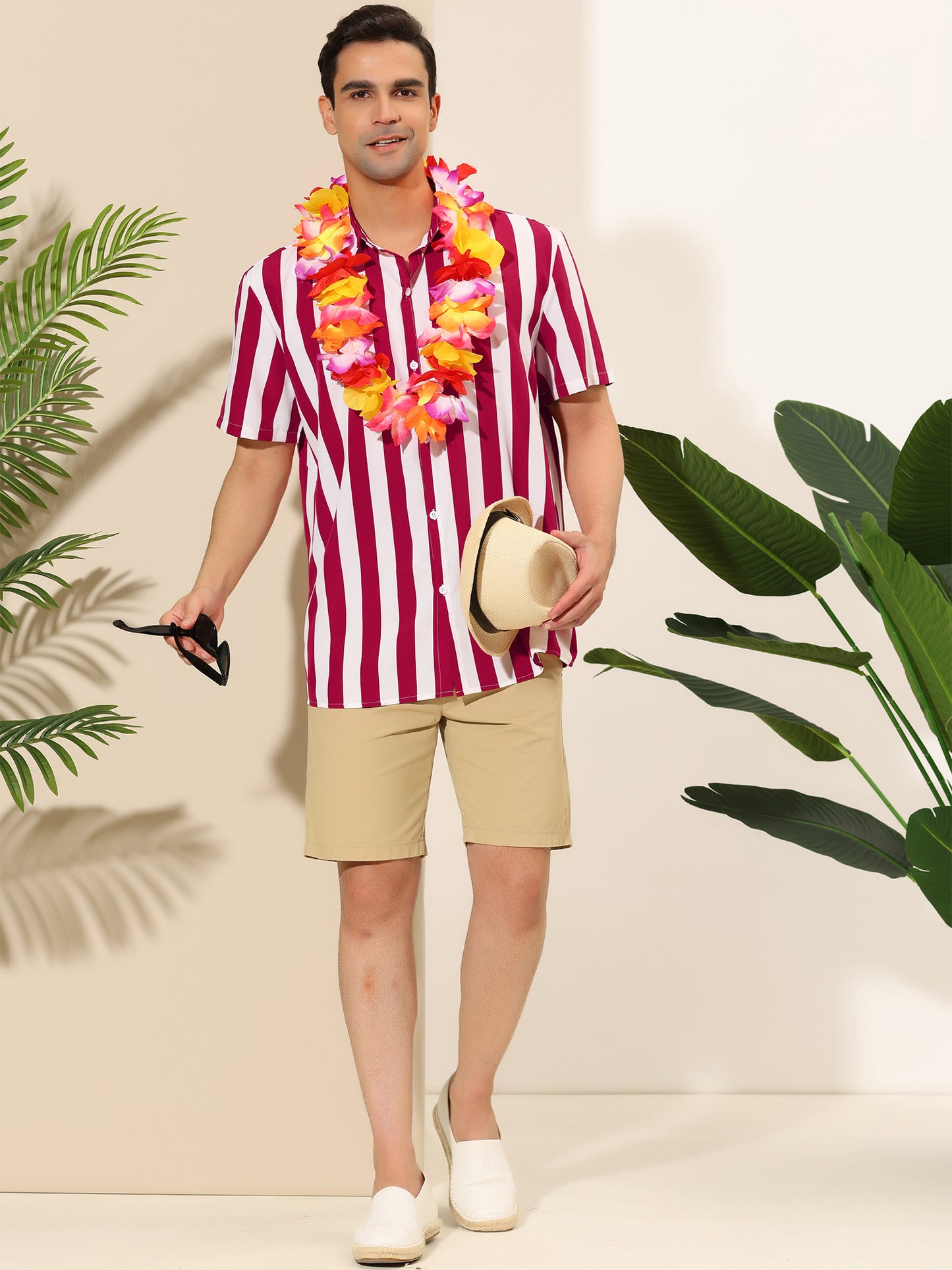 [PACK SALES] Men's 2 Pieces Short Sleeved Color Block Button Down Beach Stripe Shirts