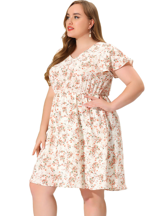 Women Plus Size Summer V Neck Flare Sleeve Sundress Peplum Midi Ruffle Dress
