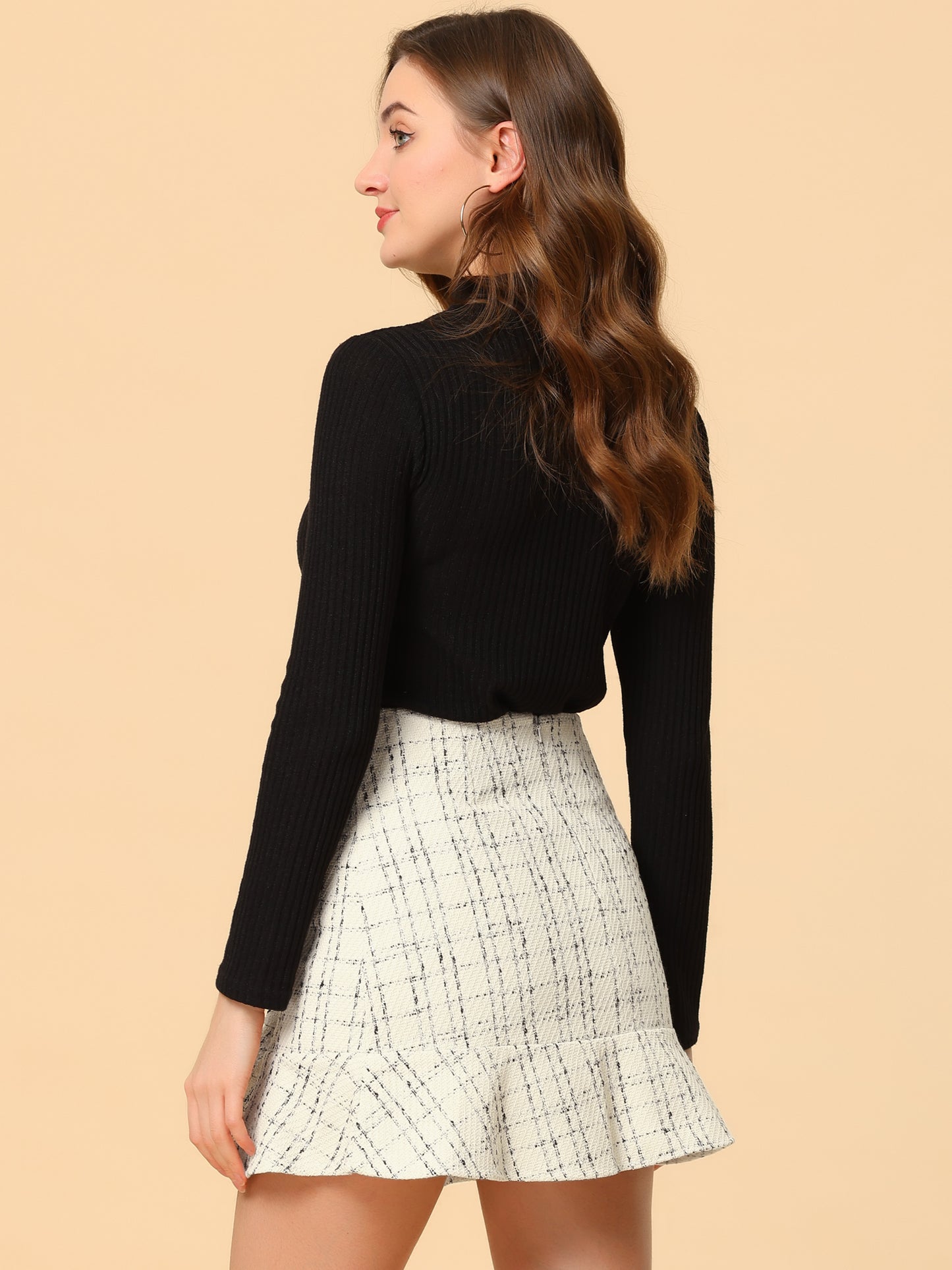 Women's Plaid Skirts Ruffle Hem Button Decor Tweed Mini Skirt
