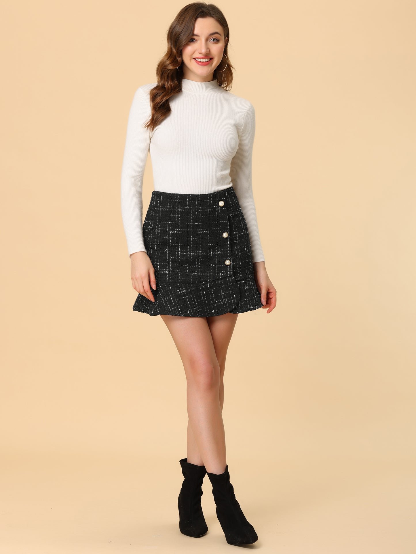 Faldas a cuadros para mujer, minifalda de tweed con botones y dobladillo con volantes