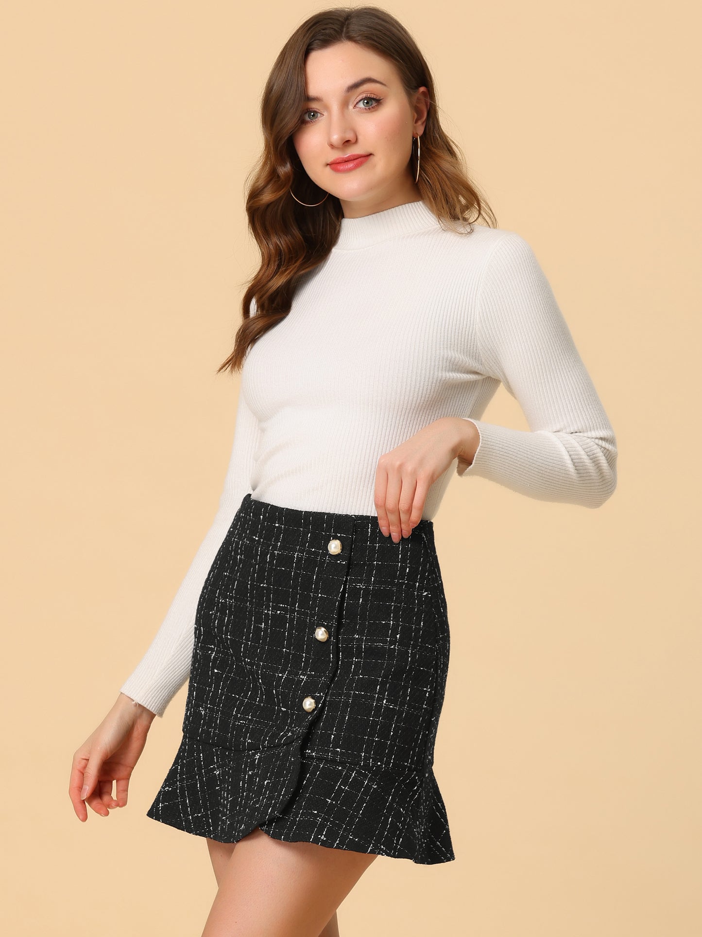 Faldas a cuadros para mujer, minifalda de tweed con botones y dobladillo con volantes
