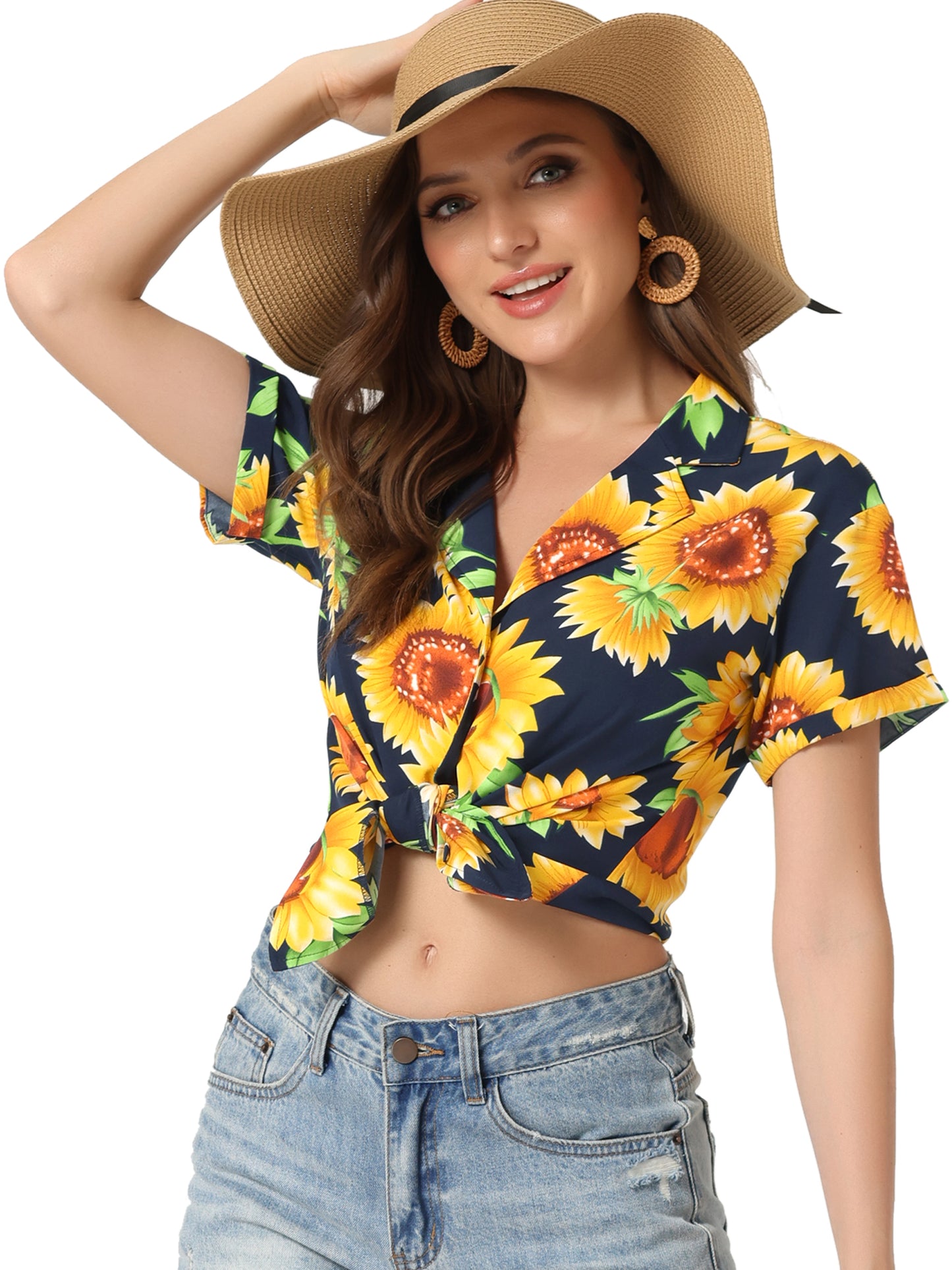 Women's Hawaiian Summer Floral Leaves Printed Short Sleeve Top Tropical Button Down Shirt (Available in Plus Size)