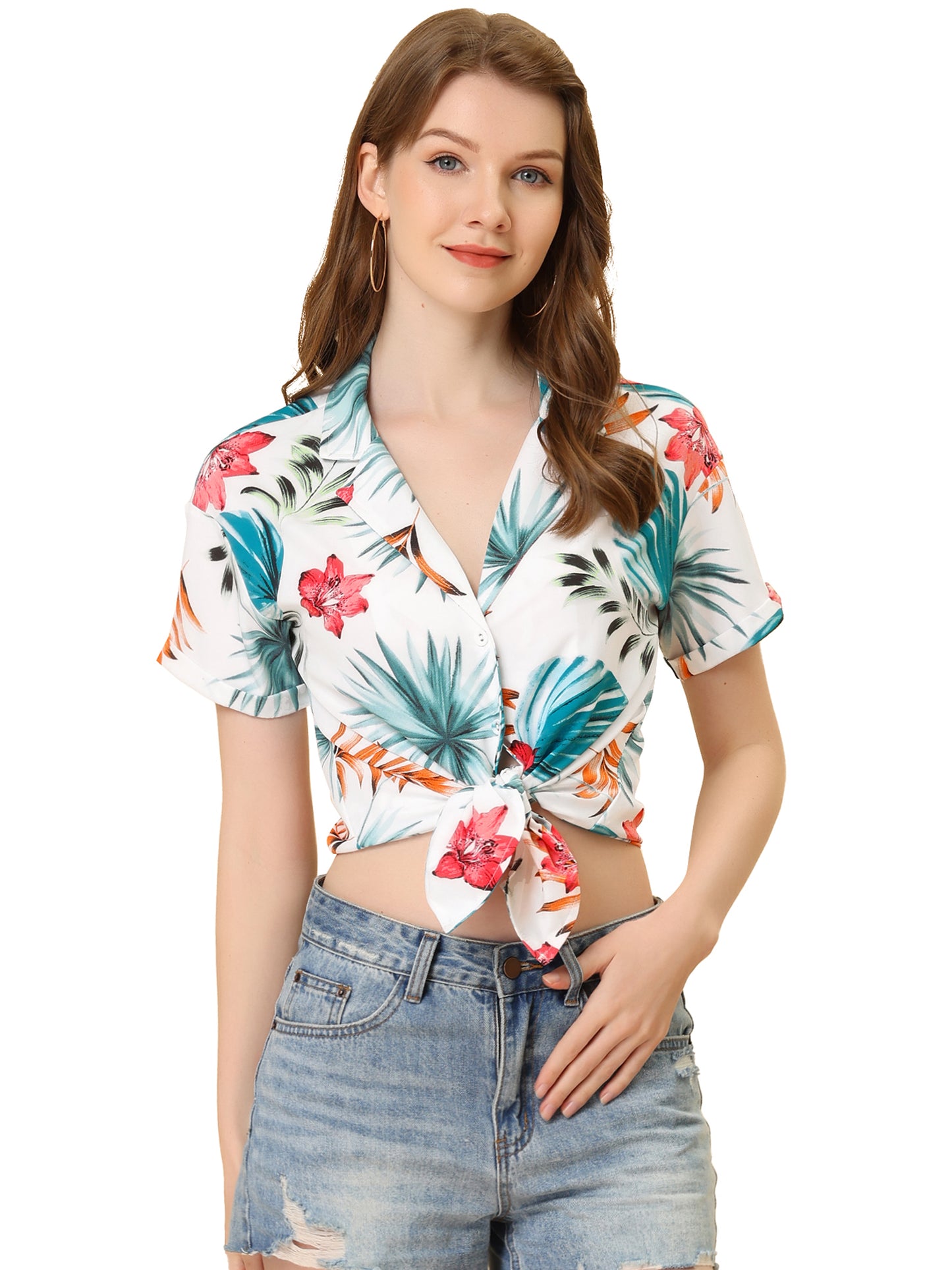 Women's Hawaiian Summer Floral Leaves Printed Short Sleeve Top Tropical Button Down Shirt (Available in Plus Size)