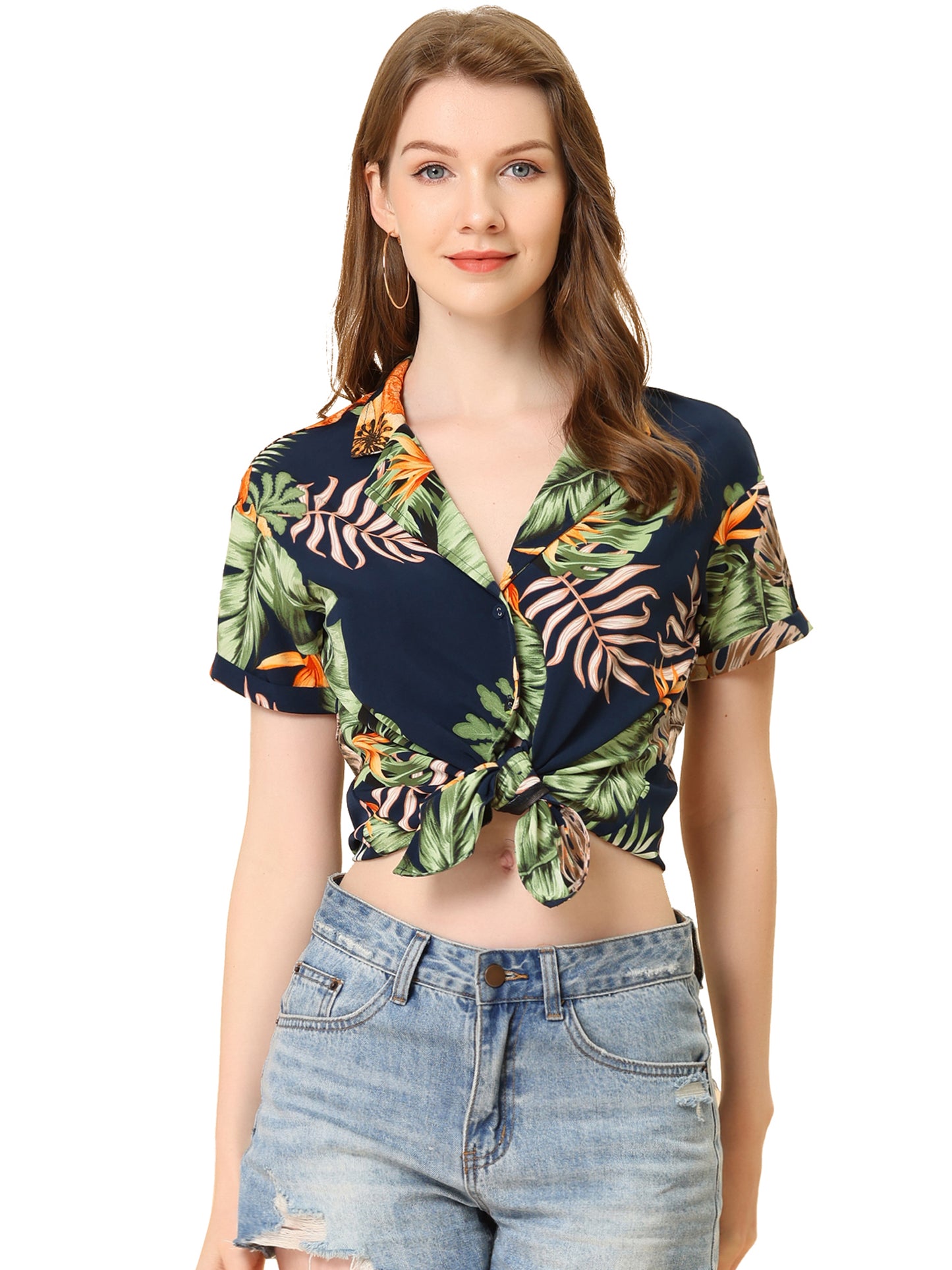 Women's Hawaiian Summer Floral Leaves Printed Short Sleeve Top Tropical Button Down Shirt (Available in Plus Size)