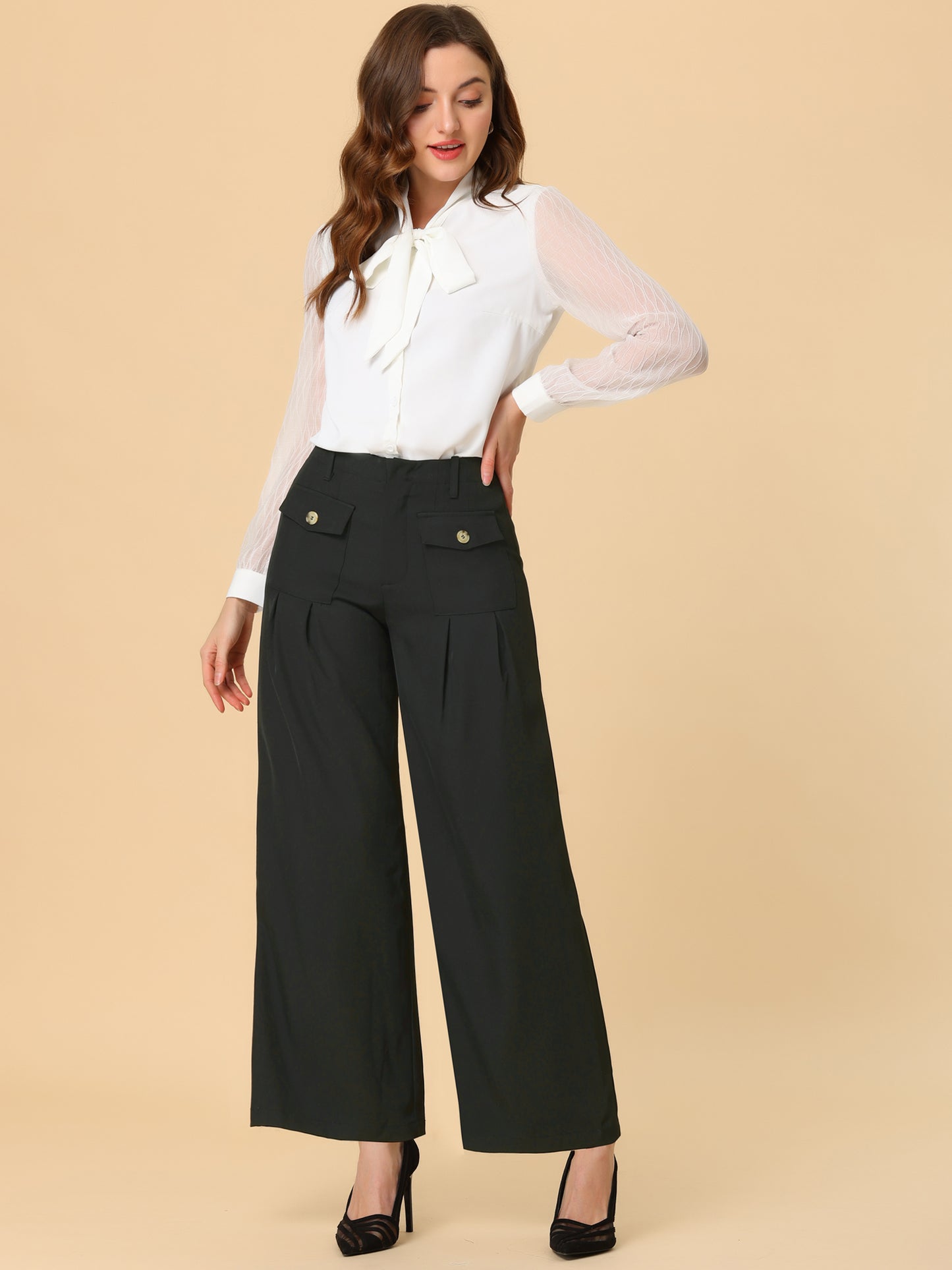 Pantalones Palazzo Largos de Pierna Ancha para Mujer con Bolsillos