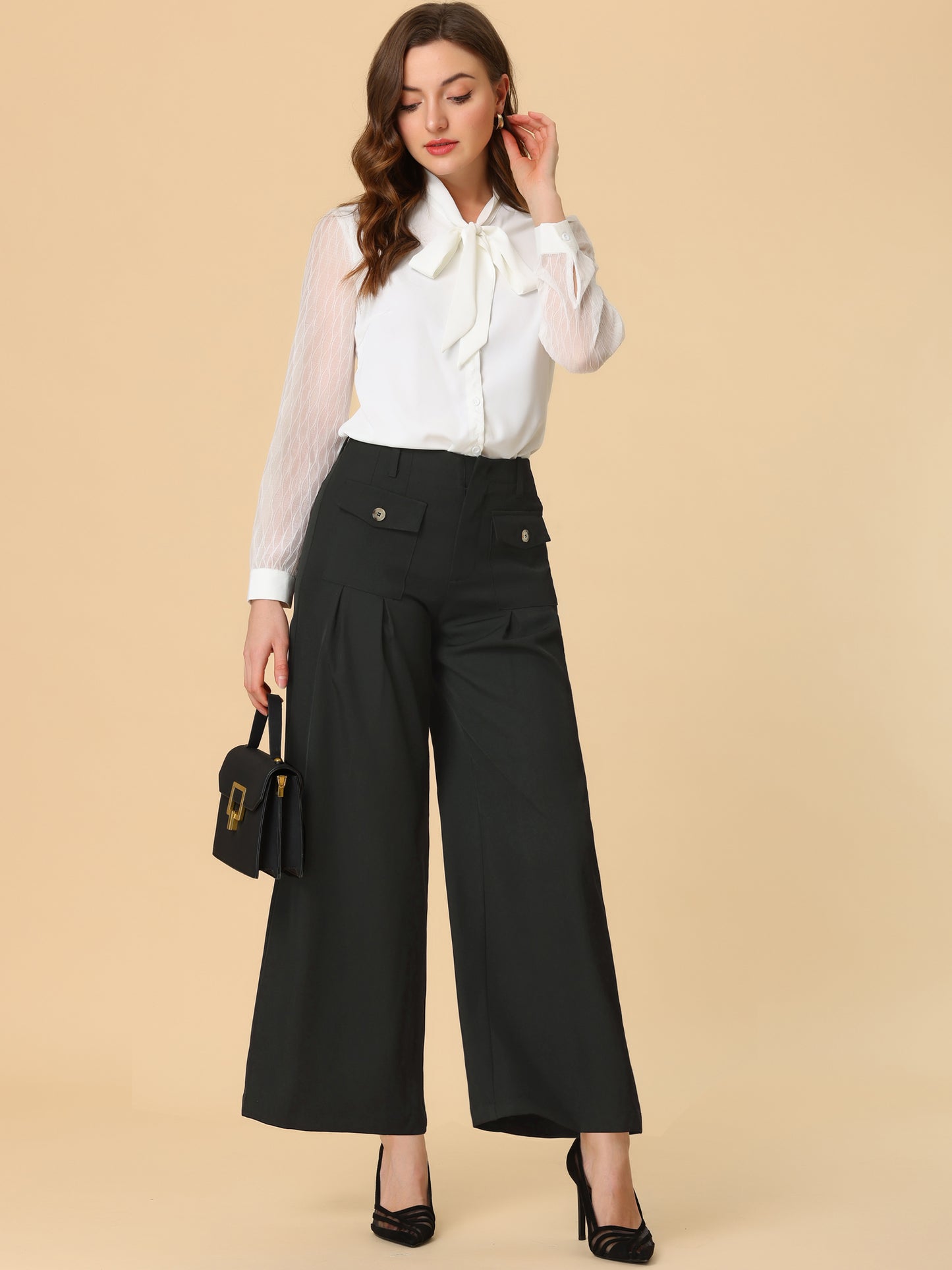 Pantalones Palazzo Largos de Pierna Ancha para Mujer con Bolsillos